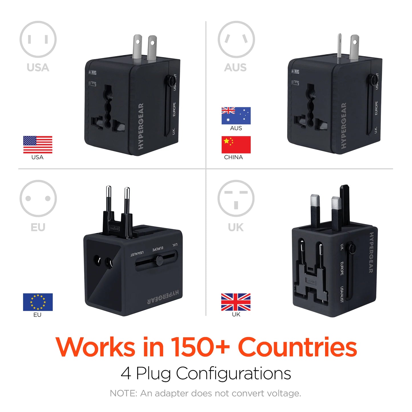 All-in-One Universal Travel Adapter – Compact Charger with Dual USB Ports & 4 Retractable Plug Types for 150+ Countries