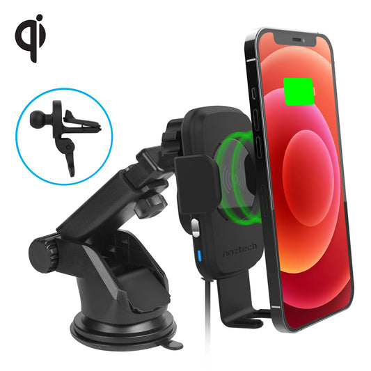 Naztech Smart Grip Wireless Charging Car Mount β AutoβClamp 15W Fast Charger & Phone Holder for Vent, Dash & Windshield