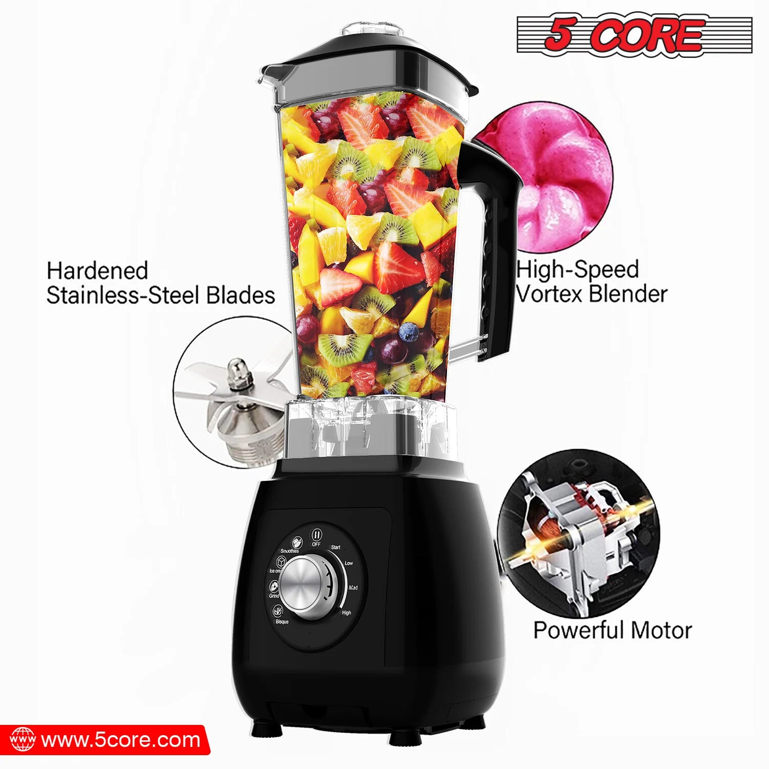 5Core 2000W Blender & Juicer Machine – High‑Power Countertop Smoothie Maker with 68 Oz Jar & 6 Stainless Steel Blades
