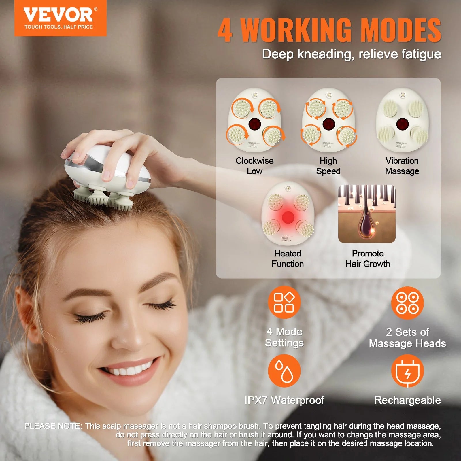 VEVOR Electric Scalp Massager with Heat – Cordless Waterproof Head Massager & Stress Relief Brush