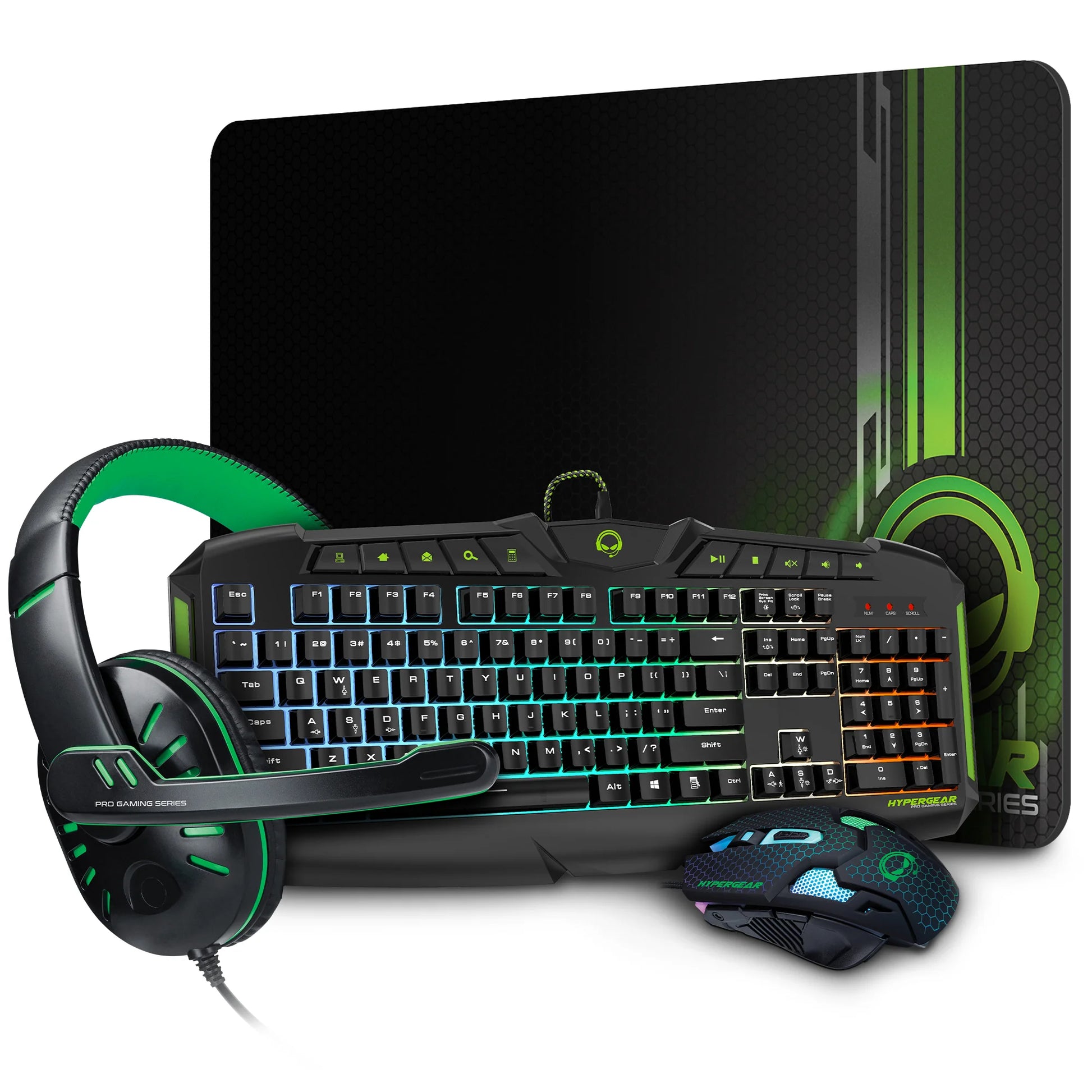 HyperGear 4-in-1 Gaming Kit – RGB Keyboard, Precision Mouse, Stereo Headset & Large Mouse Pad