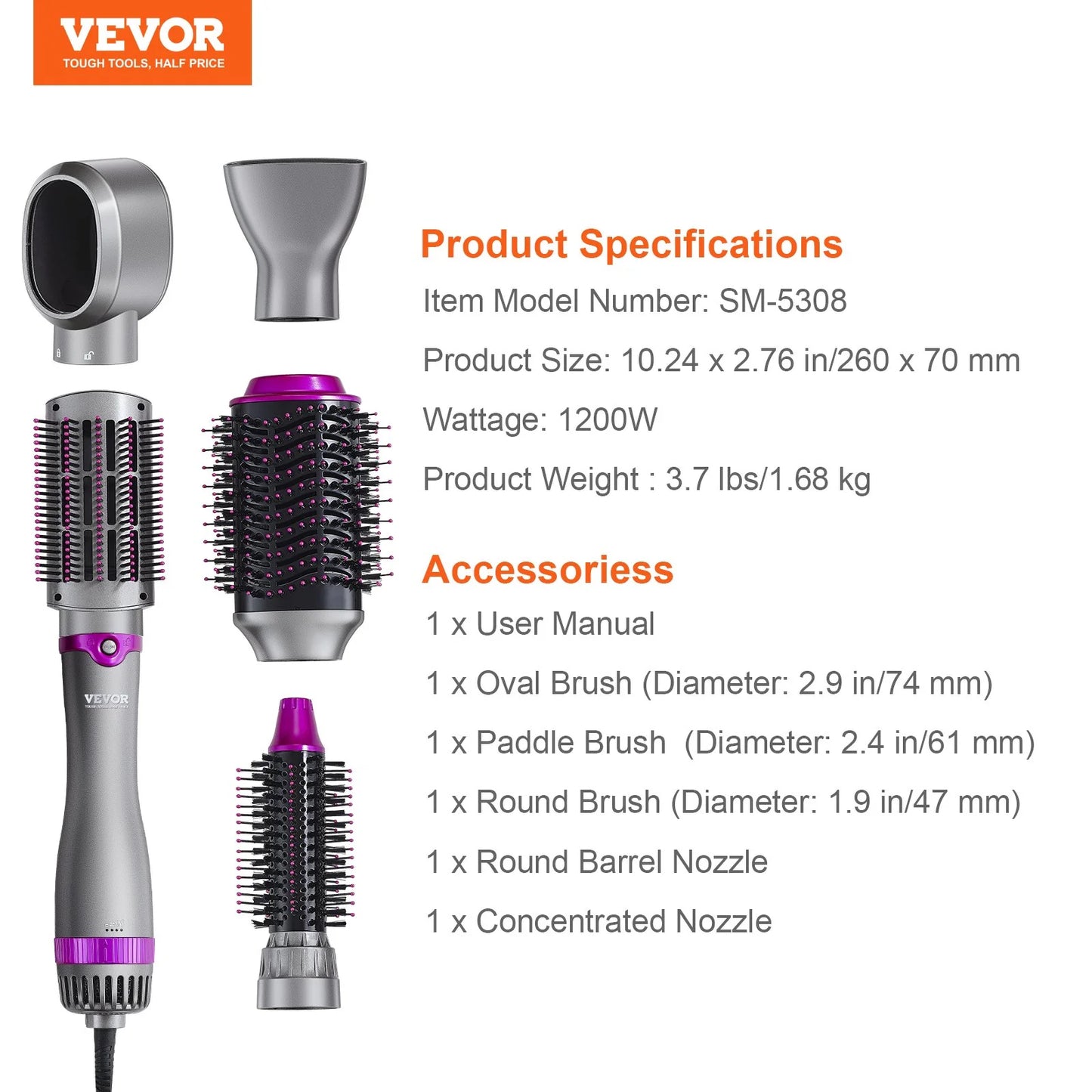 VEVOR 5-in-1 Hair Dryer Brush & Hot Air Styler – Negative Ion Blow Dryer with Curling, Straightening & Volumizing Attachments