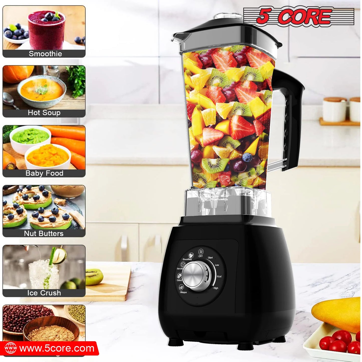 5Core 2000W Blender & Juicer Machine – High‑Power Countertop Smoothie Maker with 68 Oz Jar & 6 Stainless Steel Blades
