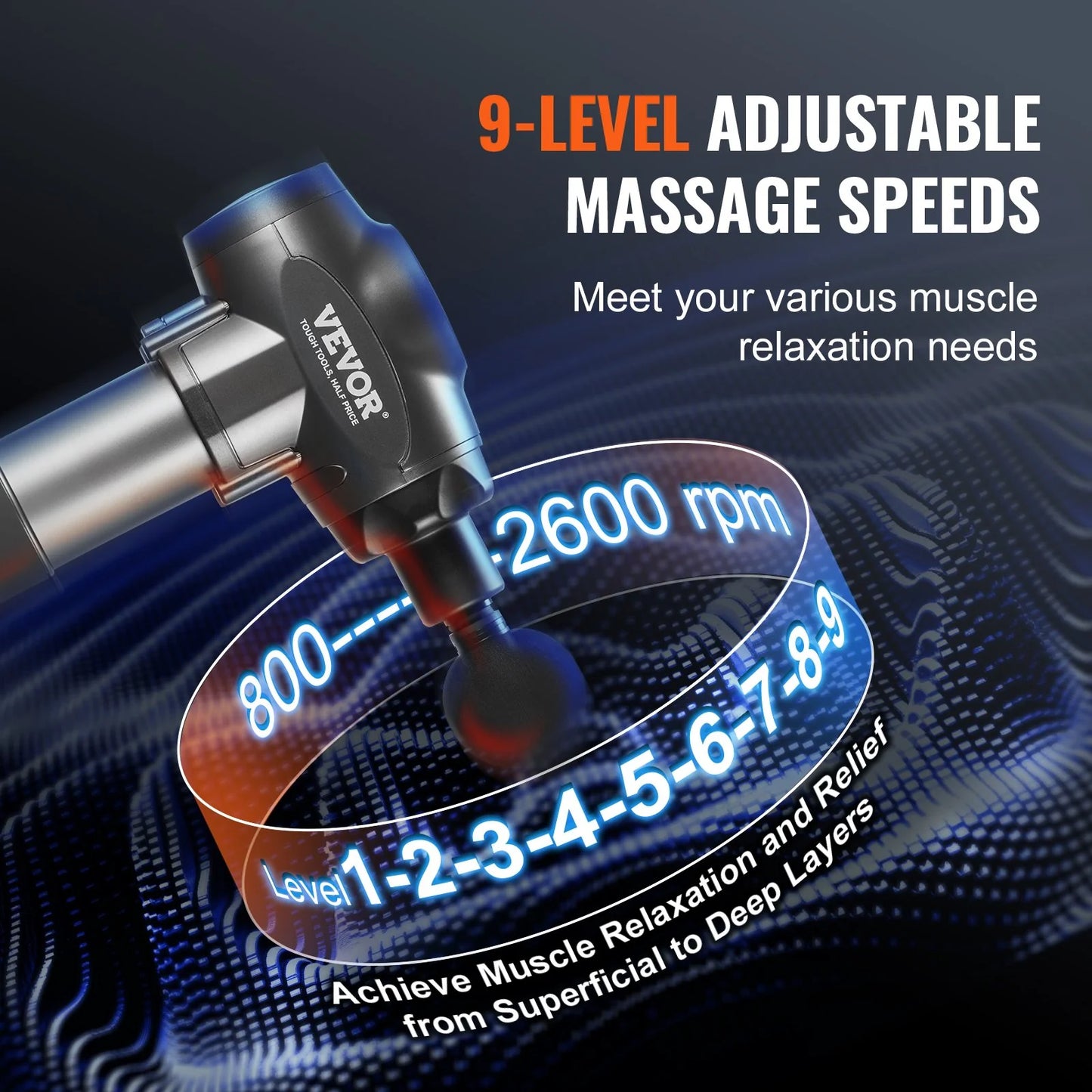 VEVOR Handheld Massage Gun – Deep Tissue Percussion Massager with 9 Speeds & 6 Heads
