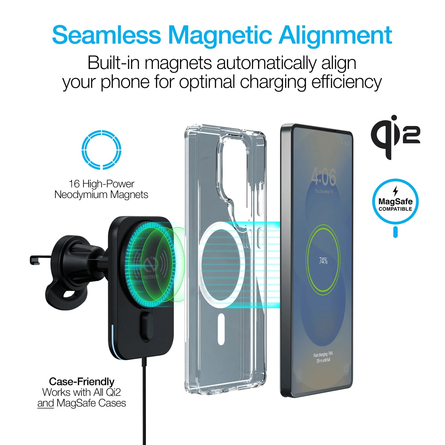 Naztech MagLock Magnetic Car Charger – Qi2 15W Fast Wireless Charging Vent Mount