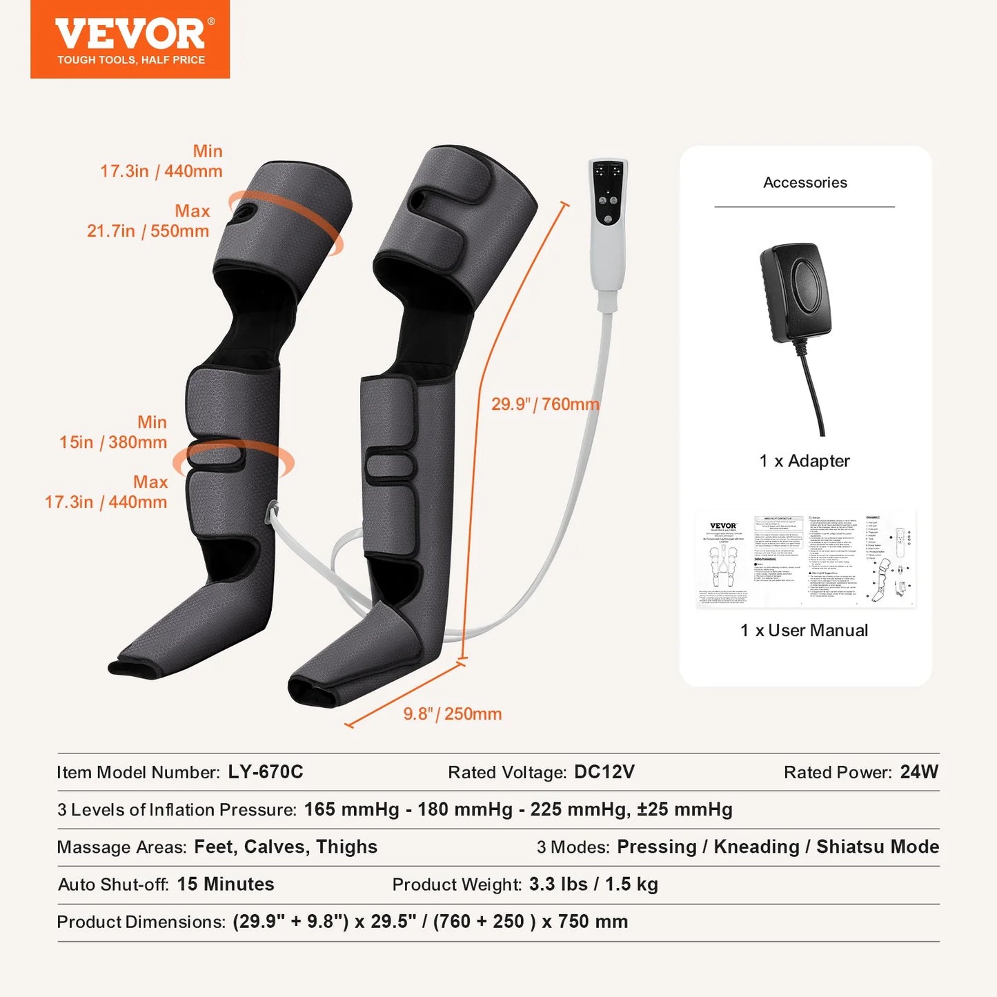VEVOR Full Leg Air Compression Massager – Foot, Calf, Thigh & Knee Wrap with 3 Modes & 3 Intensities for Circulation Relief