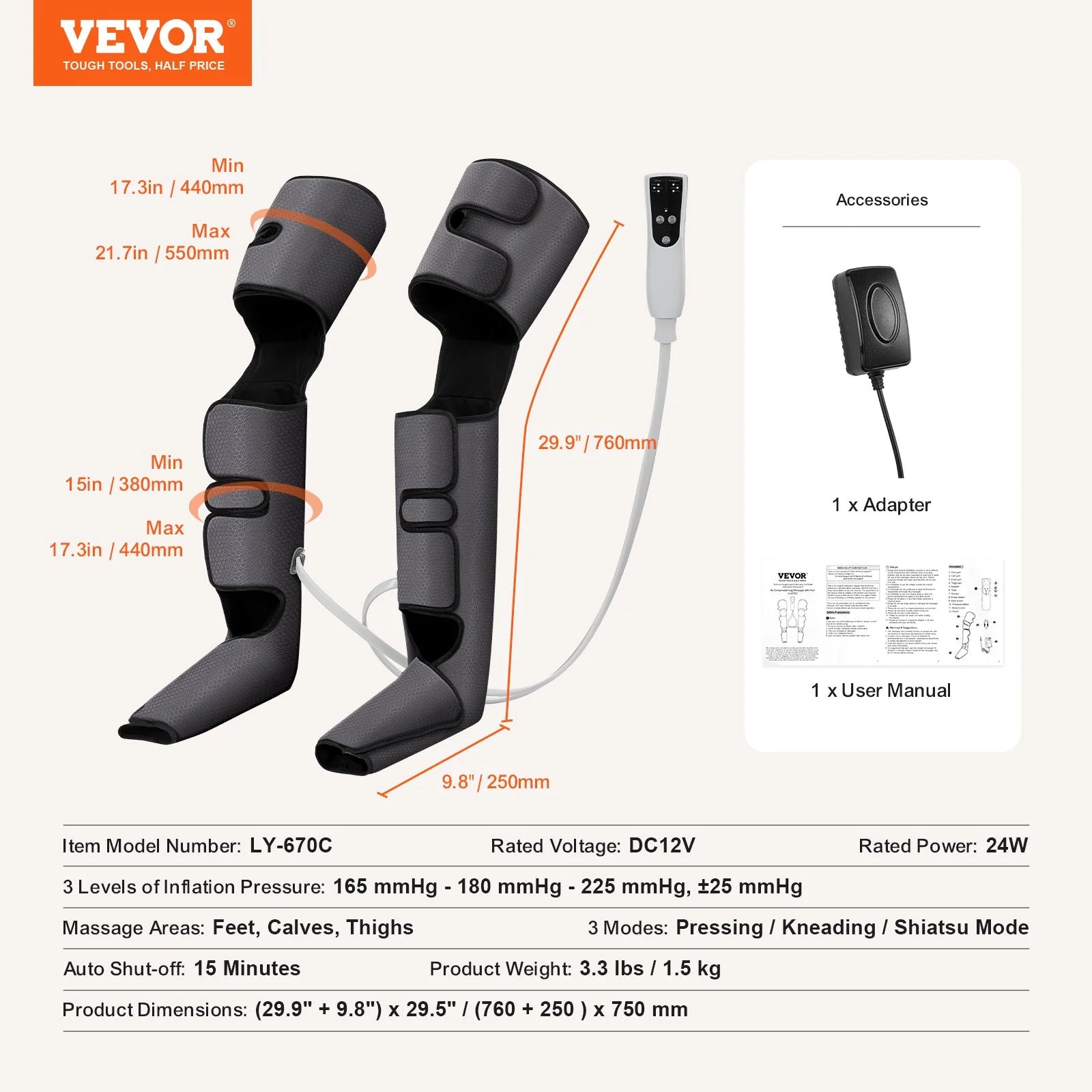VEVOR Full Leg Air Compression Massager – Foot, Calf, Thigh & Knee Wrap with 3 Modes & 3 Intensities for Circulation Relief