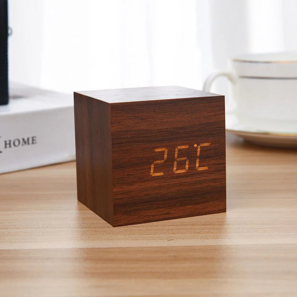 Wooden Minimalist LED Alarm Clock – Modern Desktop Clock with Temperature Display, Voice Activation & Multiple Alarms