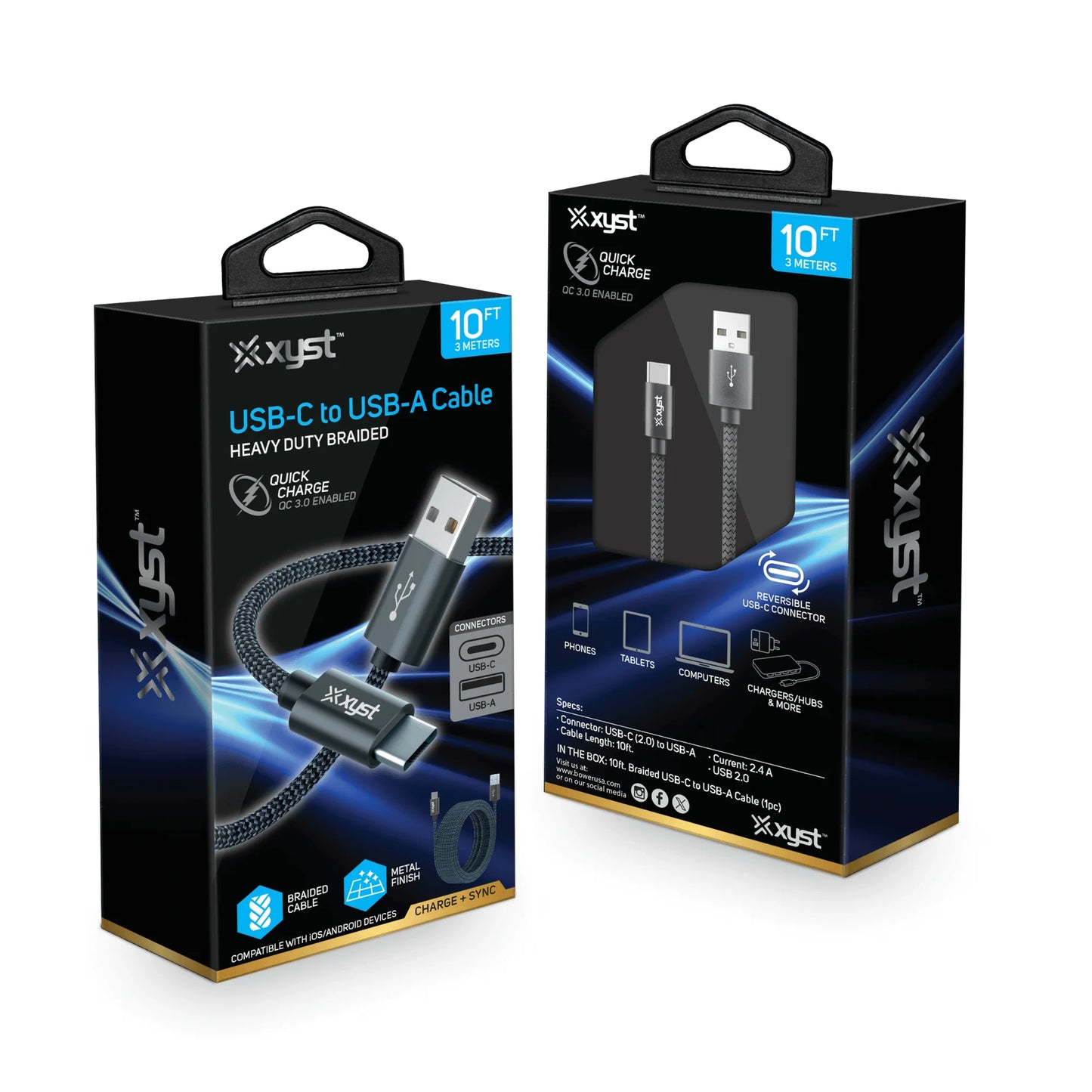 Xyst 10 ft USB‑A to USB‑C Braided Charging Cable – Extra Long Nylon Cable