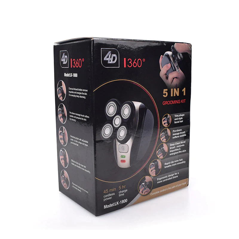 5‑in‑1 Rechargeable Rotary Electric Shaver & Grooming Kit – Bald Head, Beard, Nose & Facial Cleansing (IPX7 Waterproof)