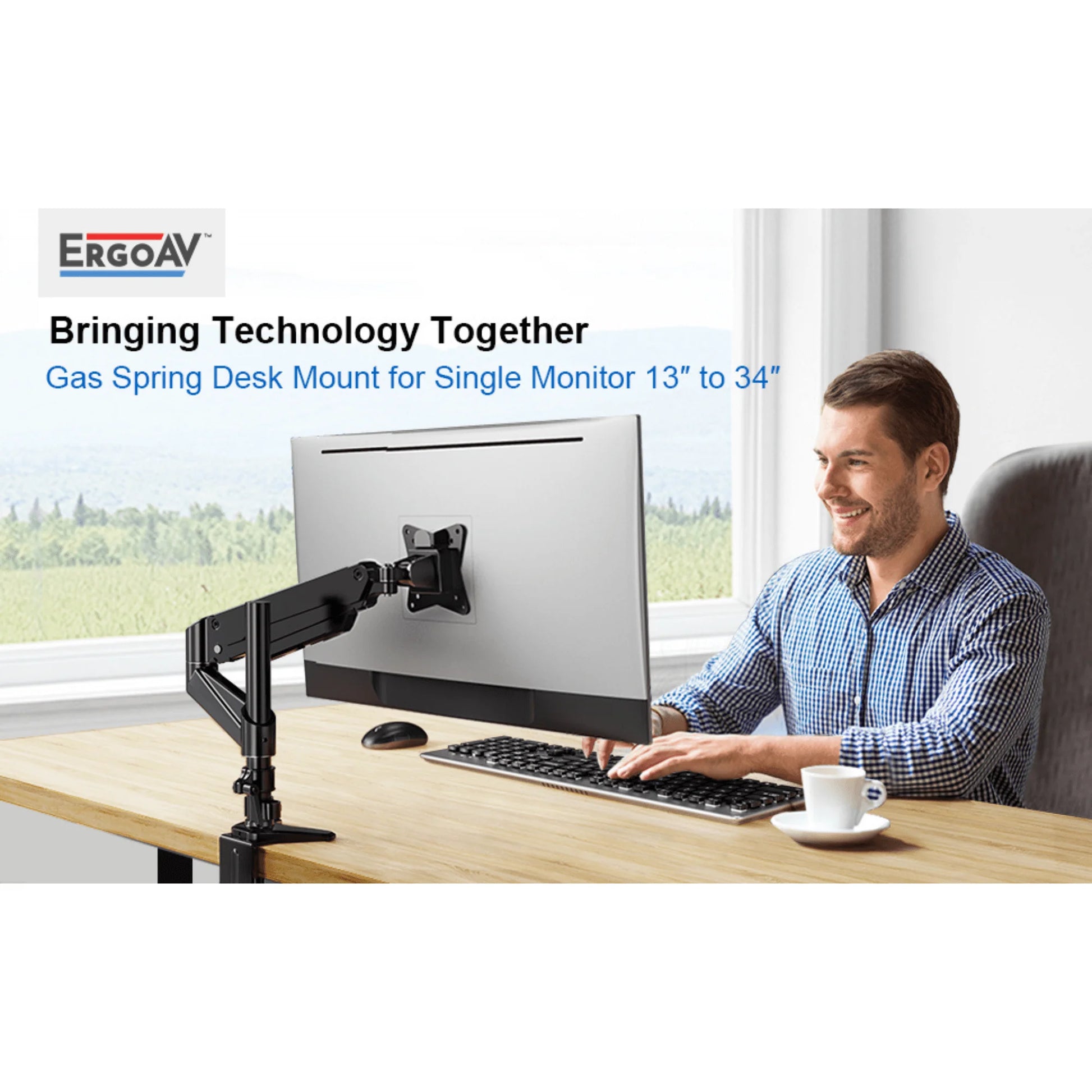 Ergoav Gas Spring Desk Mount for Monitors 13″–34″ up to 17 lb – Full Motion Single Arm with Height Adjust, Tilt & Swivel, C‑Clamp/Grommet Base