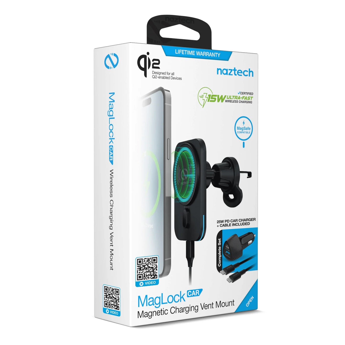 Naztech MagLock Magnetic Car Charger – Qi2 15W Fast Wireless Charging Vent Mount