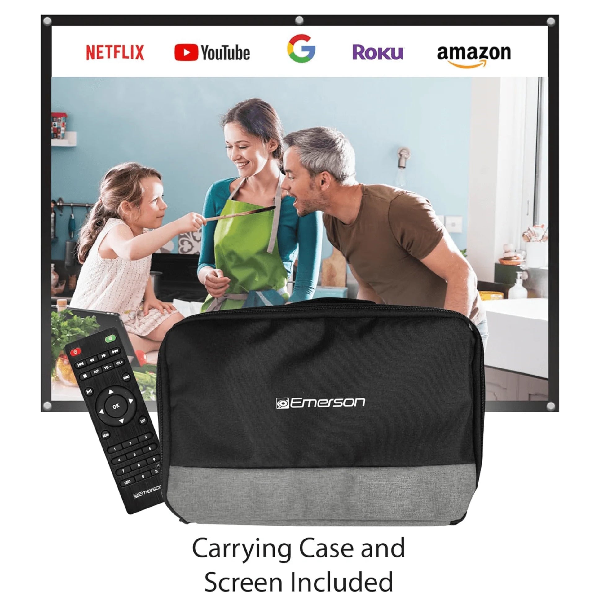 Emerson Portable LED Projector with Screen & Carry Case – Compact Home Theater for Movies, Sports & Presentations