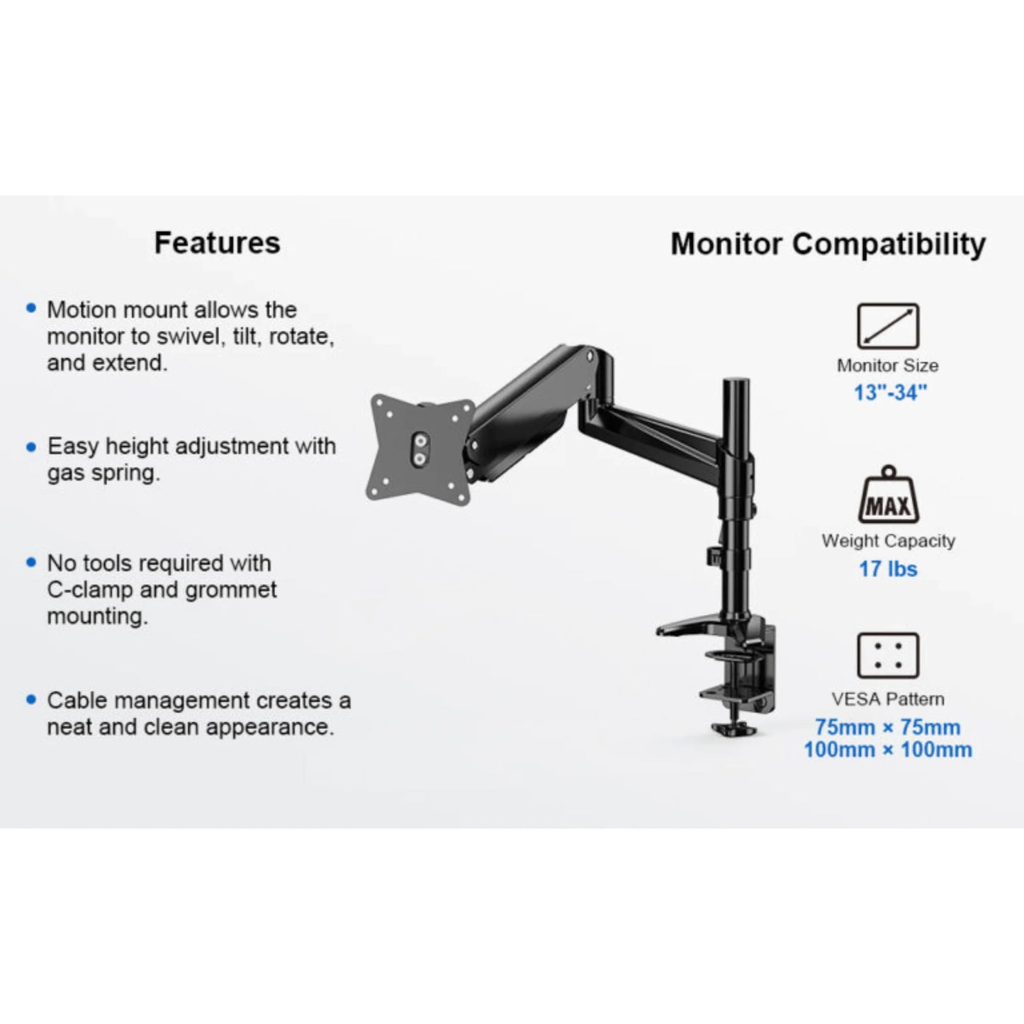 Ergoav Gas Spring Desk Mount for Monitors 13″–34″ up to 17 lb – Full Motion Single Arm with Height Adjust, Tilt & Swivel, C‑Clamp/Grommet Base
