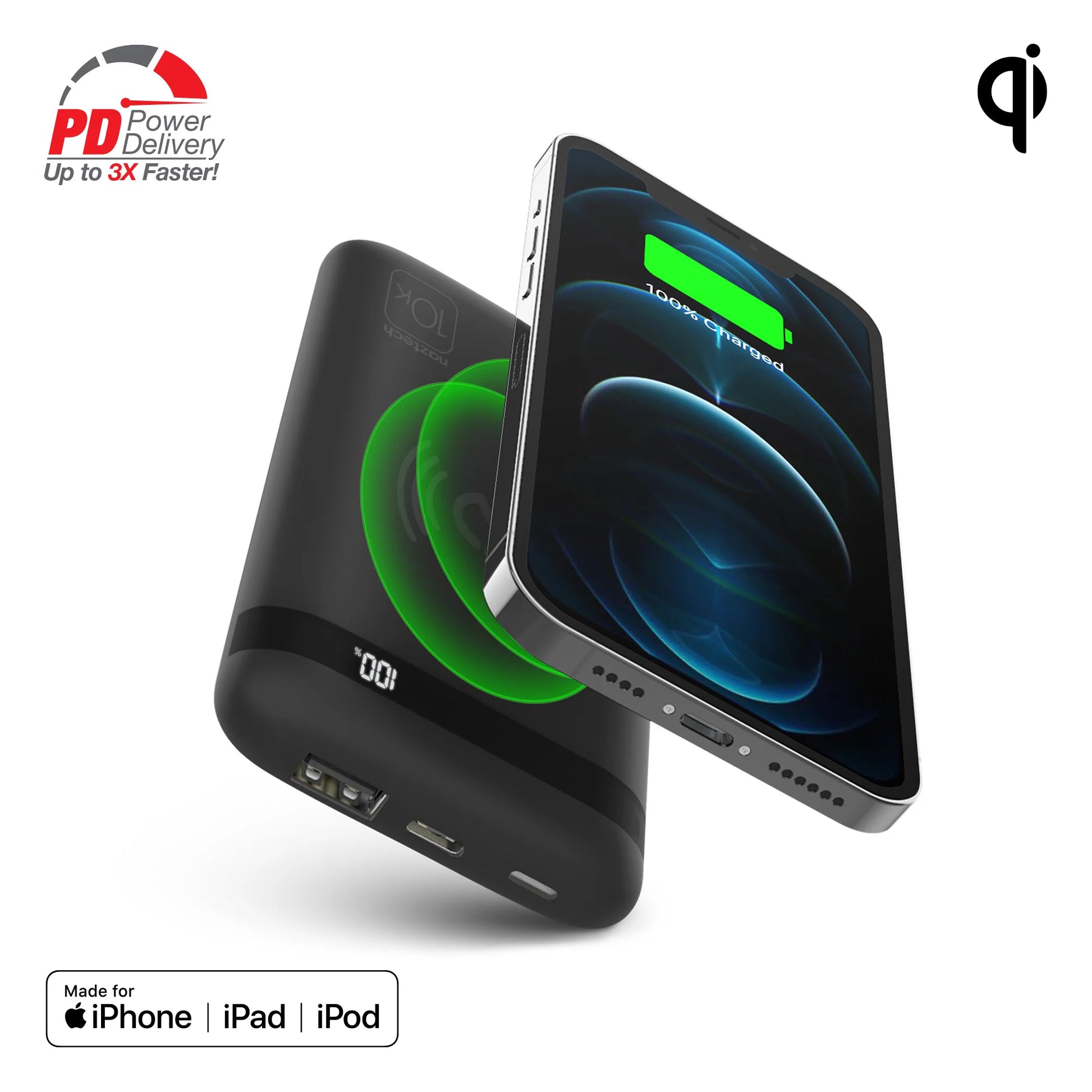 Naztech PowerBolt PD Wireless Power Bank – 10,000mAh Portable Charger with 10W Qi Pad & 20W USB‑C PD