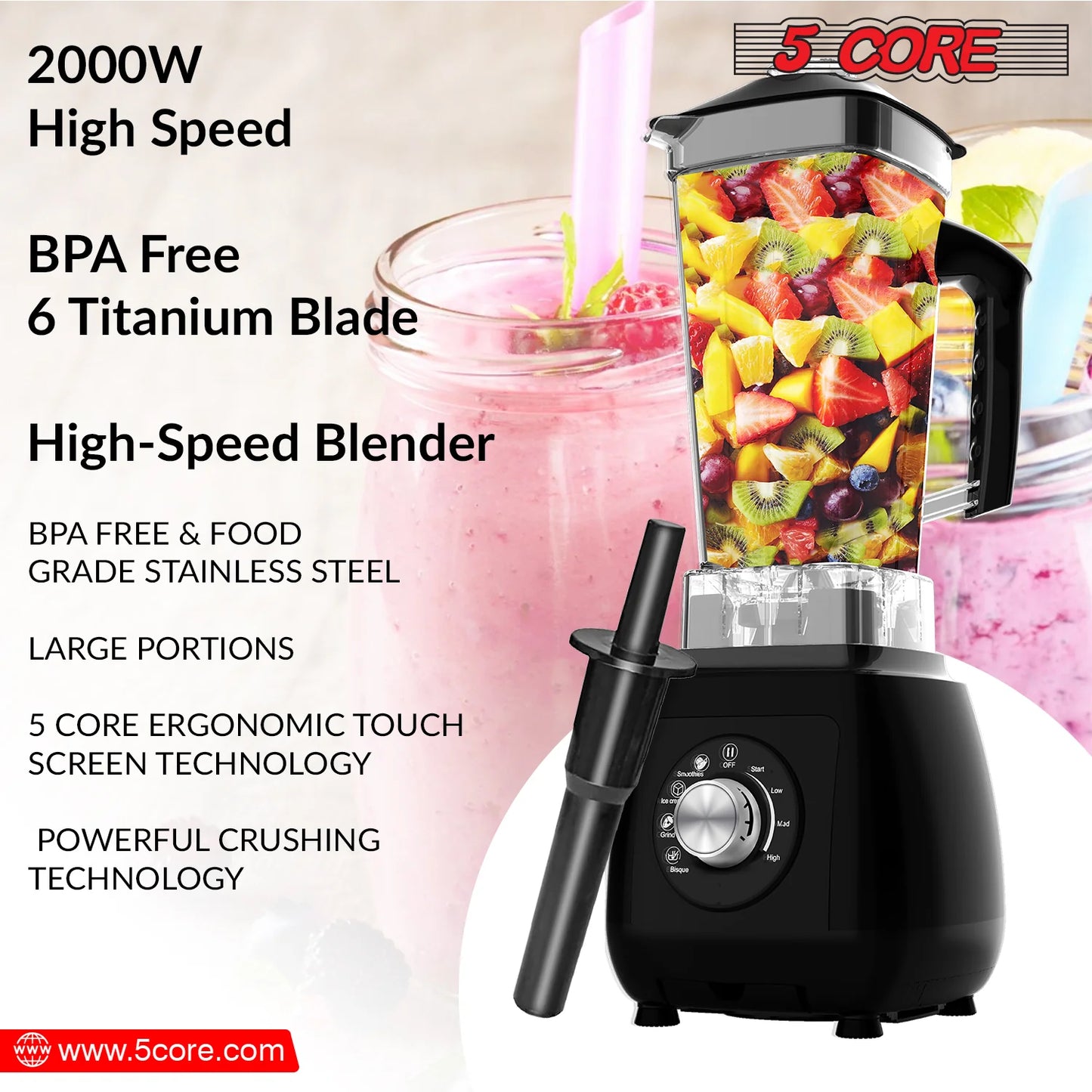 5Core 2000W Blender & Juicer Machine – High‑Power Countertop Smoothie Maker with 68 Oz Jar & 6 Stainless Steel Blades