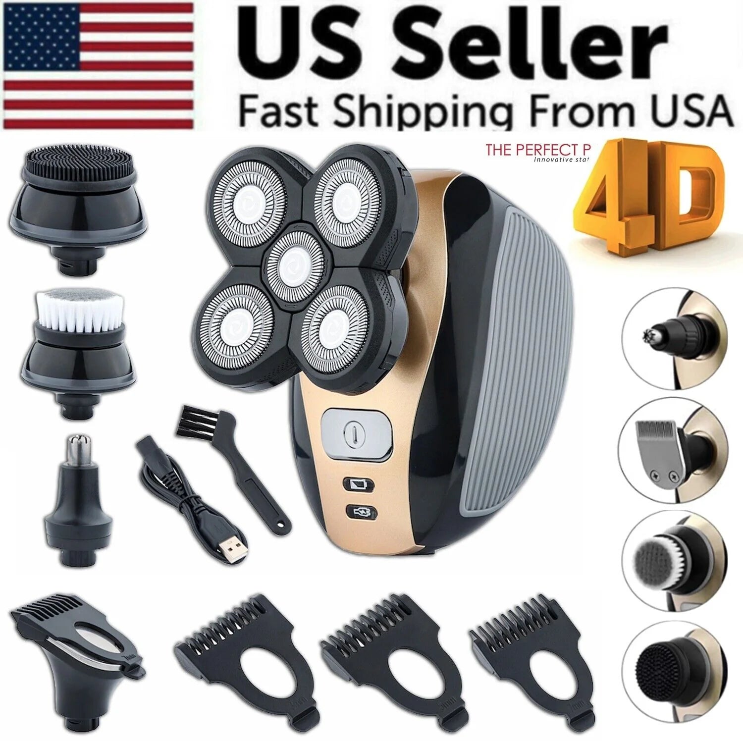 5‑in‑1 Rechargeable Rotary Electric Shaver & Grooming Kit – Bald Head, Beard, Nose & Facial Cleansing (IPX7 Waterproof)