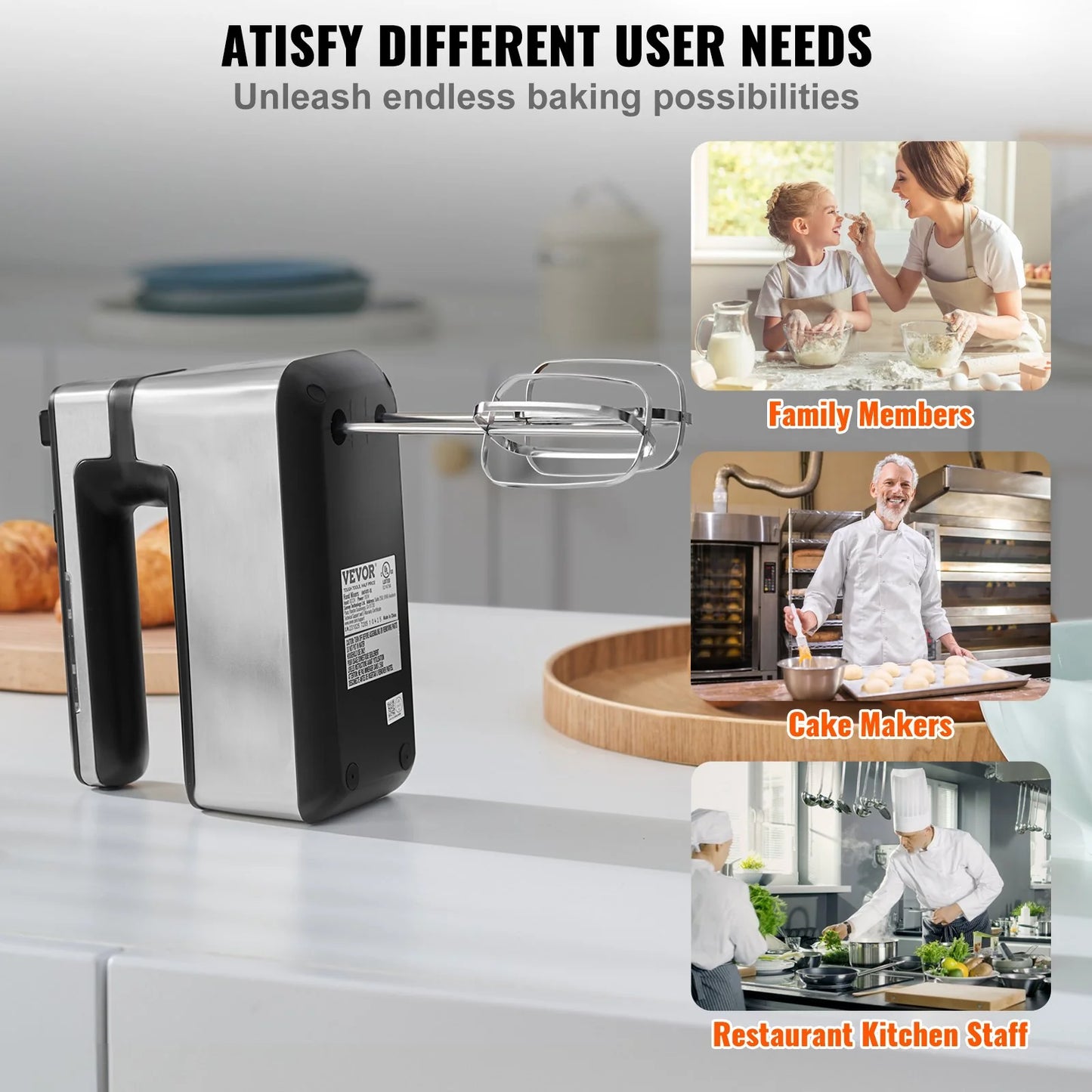 VEVOR 250W Cordless Electric Hand Mixer – Rechargeable Handheld Mixer with Variable Speed & Turbo Boost, Includes Beaters & Whisk