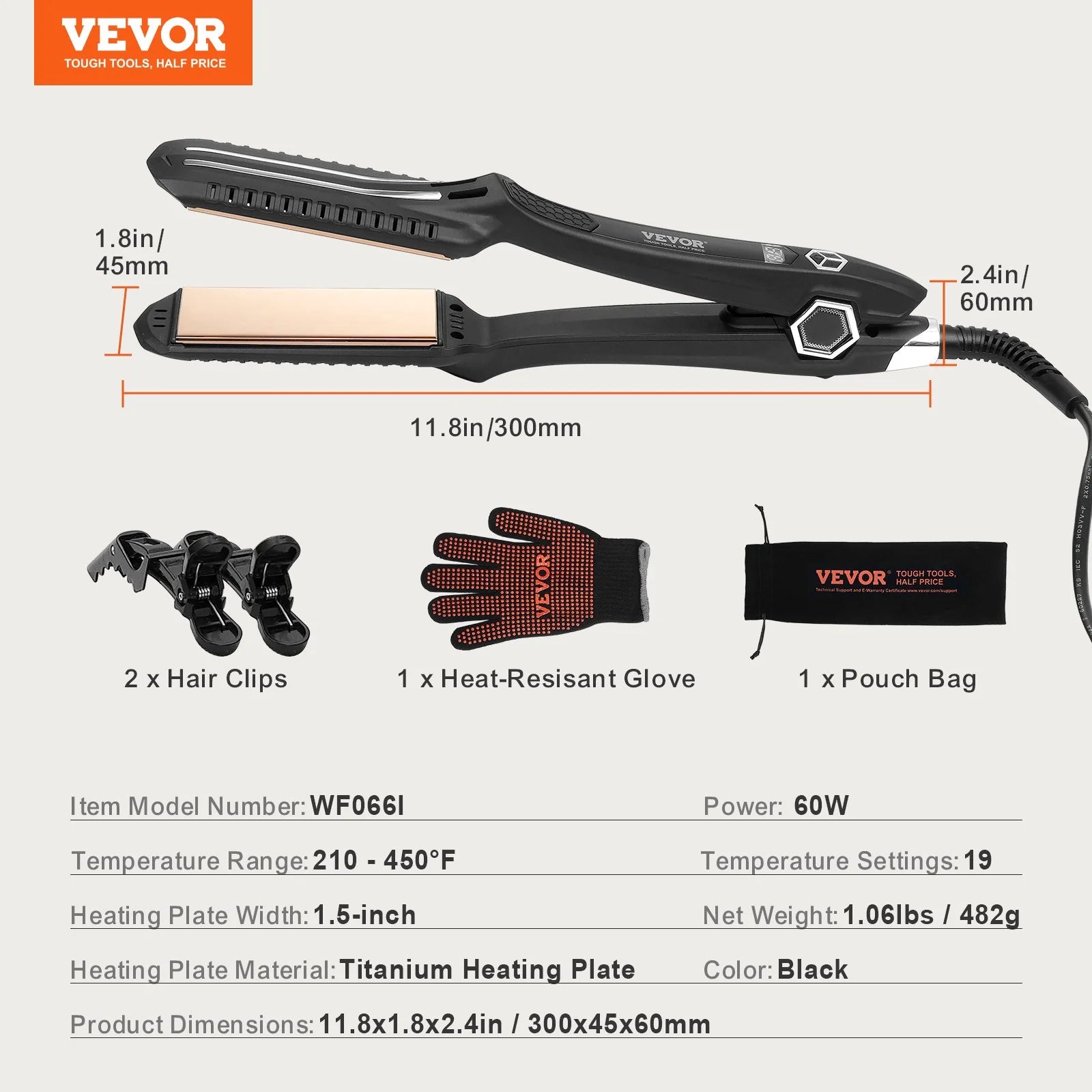 VEVOR Professional Hair Straightener – 1.5-Inch Titanium Flat Iron with Infrared Heat, Adjustable Temperature & LCD Display