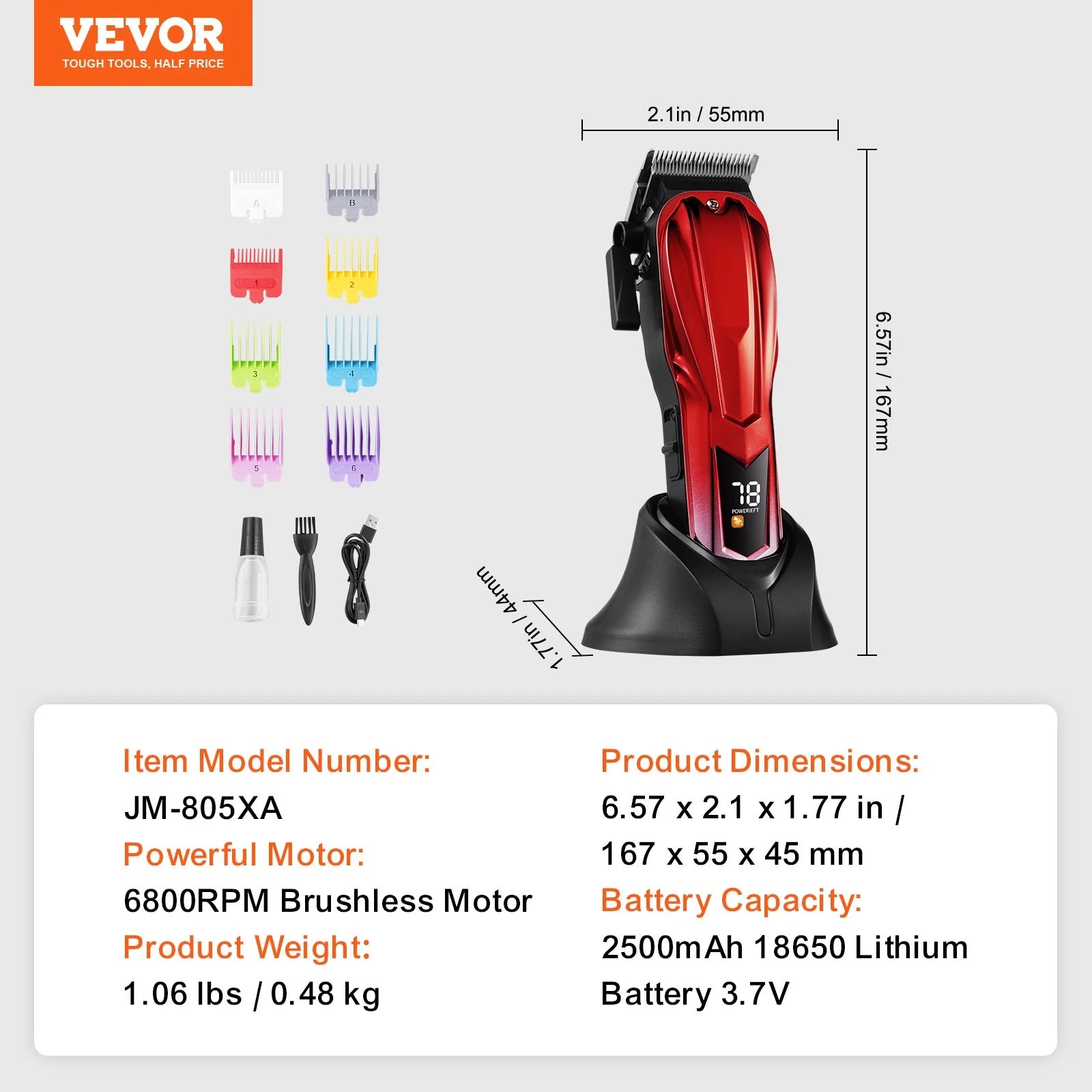 VEVOR Professional Hair Clipper – 6800 RPM Cordless Barber Trimmer with LCD Display & Comb Attachments