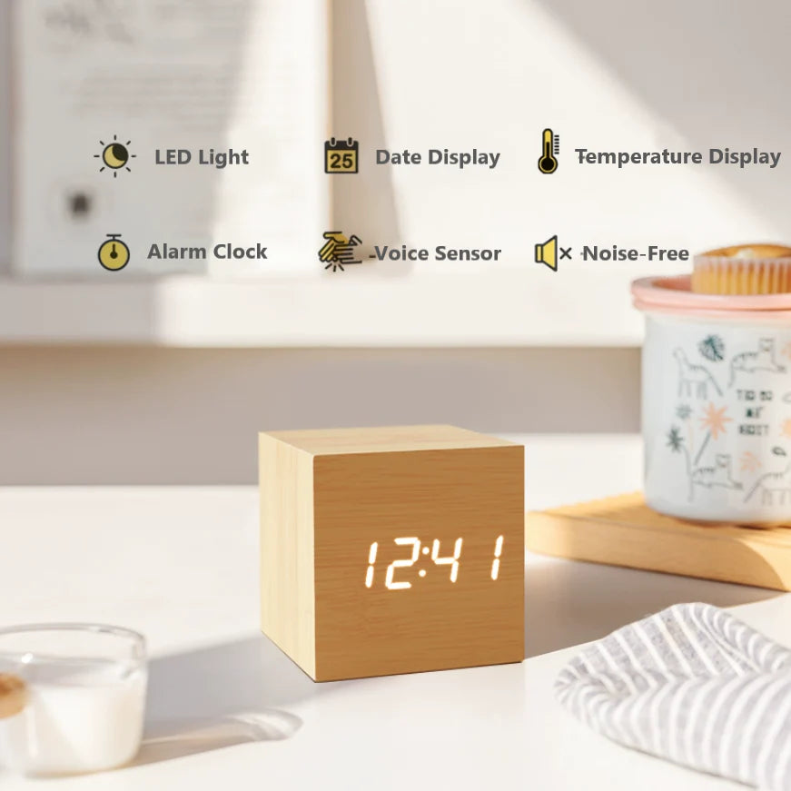 Wooden Minimalist LED Alarm Clock – Modern Desktop Clock with Temperature Display, Voice Activation & Multiple Alarms