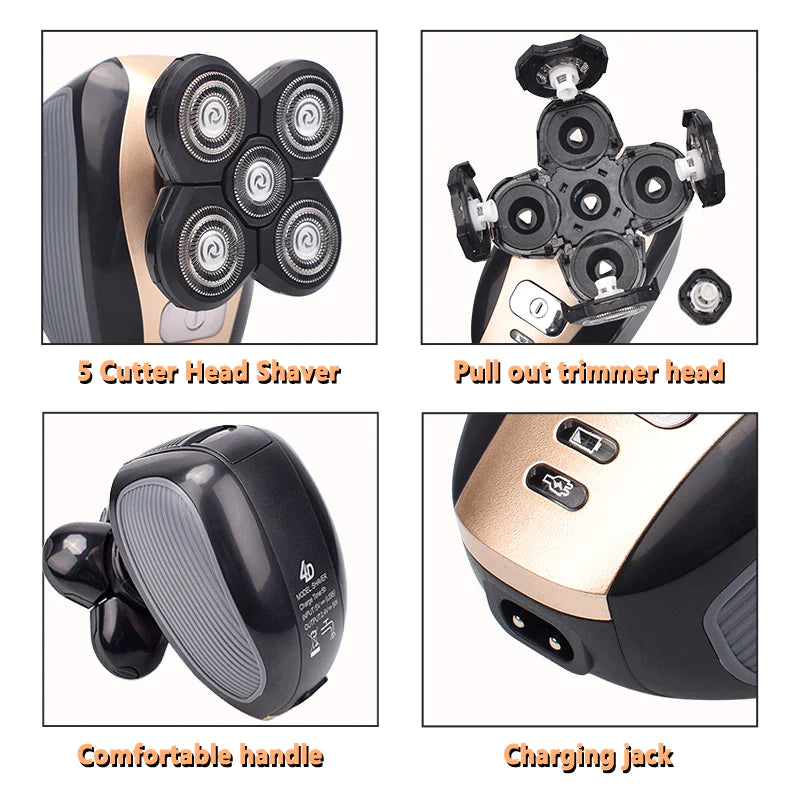 5‑in‑1 Rechargeable Rotary Electric Shaver & Grooming Kit – Bald Head, Beard, Nose & Facial Cleansing (IPX7 Waterproof)