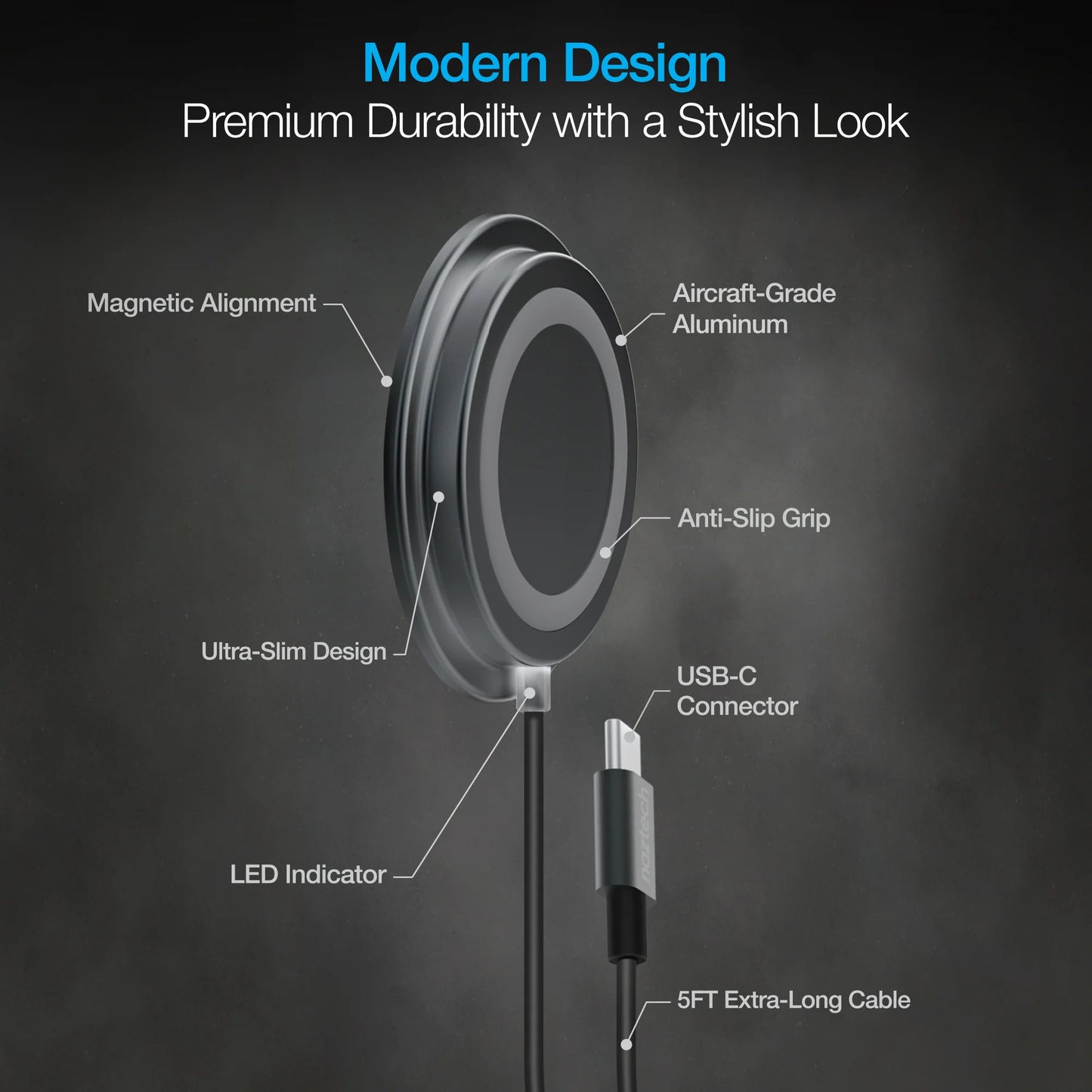 Naztech Alloy Magnetic 15W Wireless Fast Charger – MagSafe-Compatible Charger with Powerful Alignment Magnets & Slim Aluminium Design