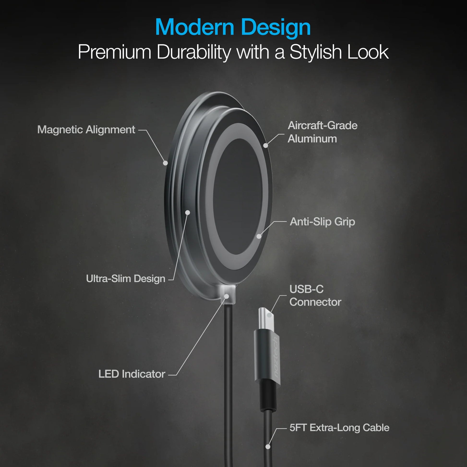 Naztech Alloy Magnetic 15W Wireless Fast Charger – MagSafe-Compatible Charger with Powerful Alignment Magnets & Slim Aluminium Design