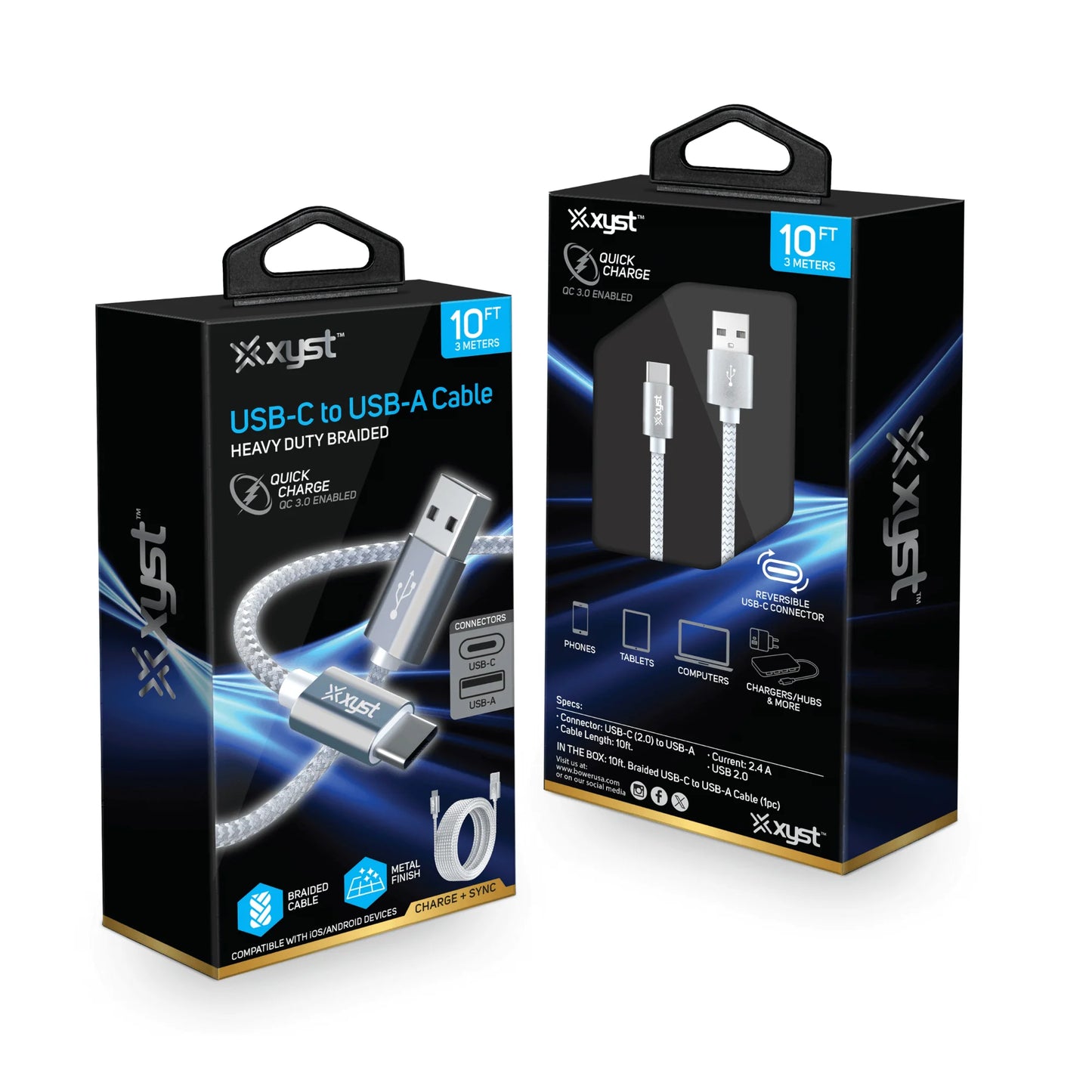 Xyst 10 ft USB‑A to USB‑C Braided Charging Cable – Extra Long Nylon Cable