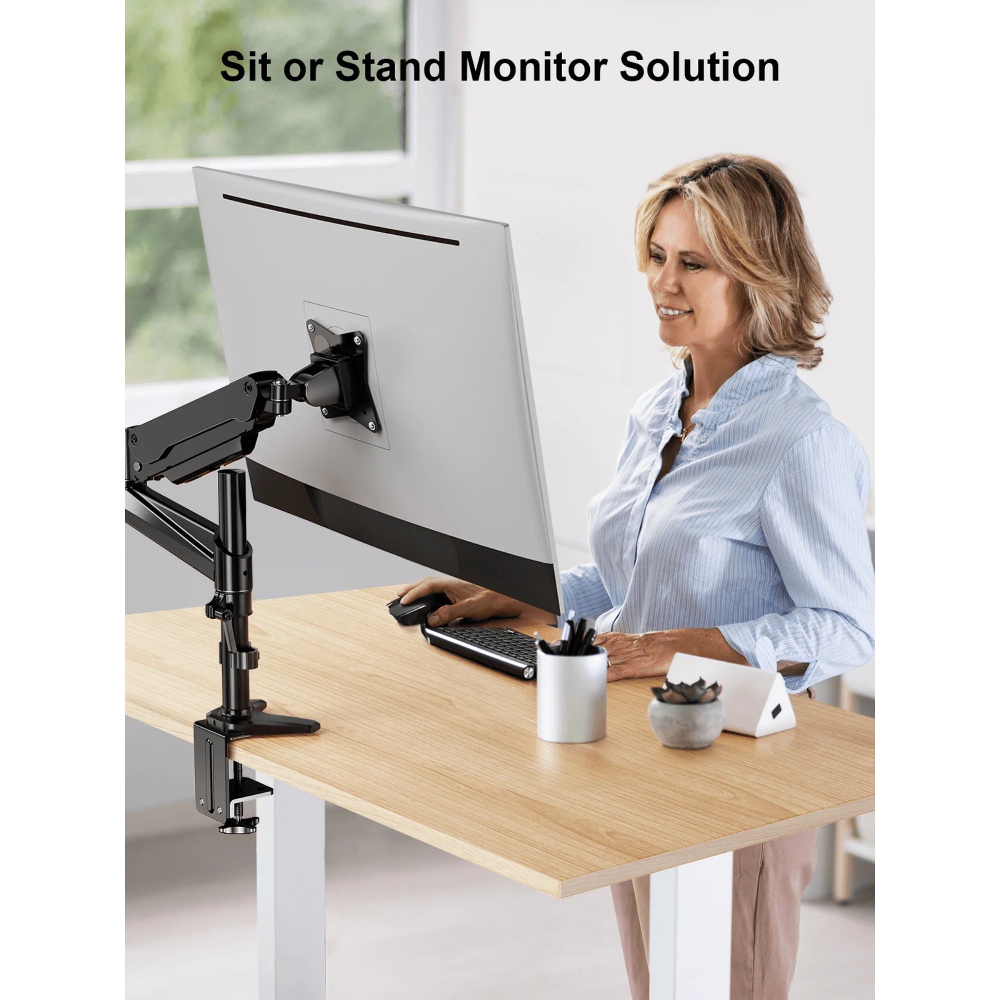 Ergoav Gas Spring Desk Mount for Monitors 13″–34″ up to 17 lb – Full Motion Single Arm with Height Adjust, Tilt & Swivel, C‑Clamp/Grommet Base