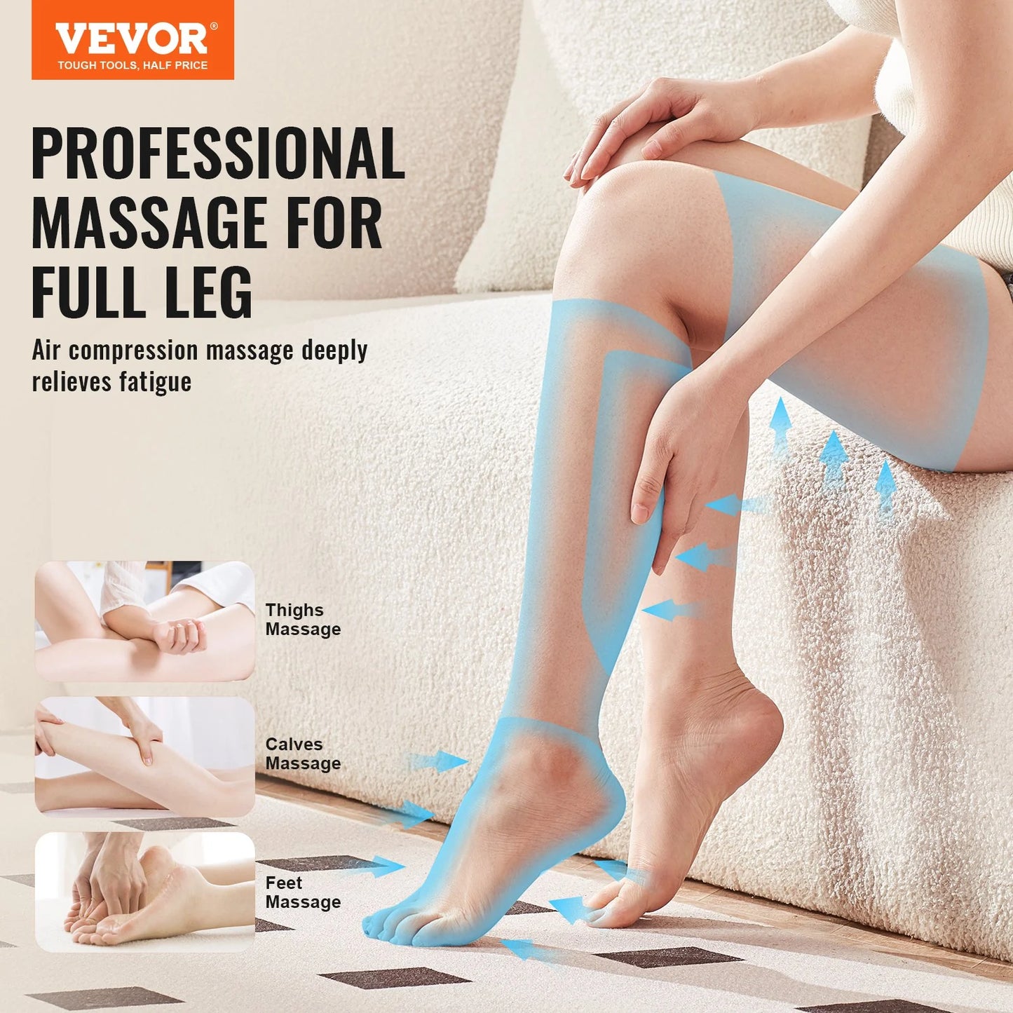 VEVOR Full Leg Air Compression Massager – Foot, Calf, Thigh & Knee Wrap with 3 Modes & 3 Intensities for Circulation Relief