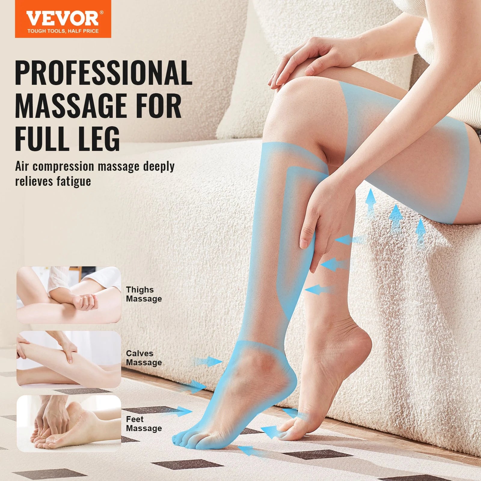 VEVOR Full Leg Air Compression Massager – Foot, Calf, Thigh & Knee Wrap with 3 Modes & 3 Intensities for Circulation Relief