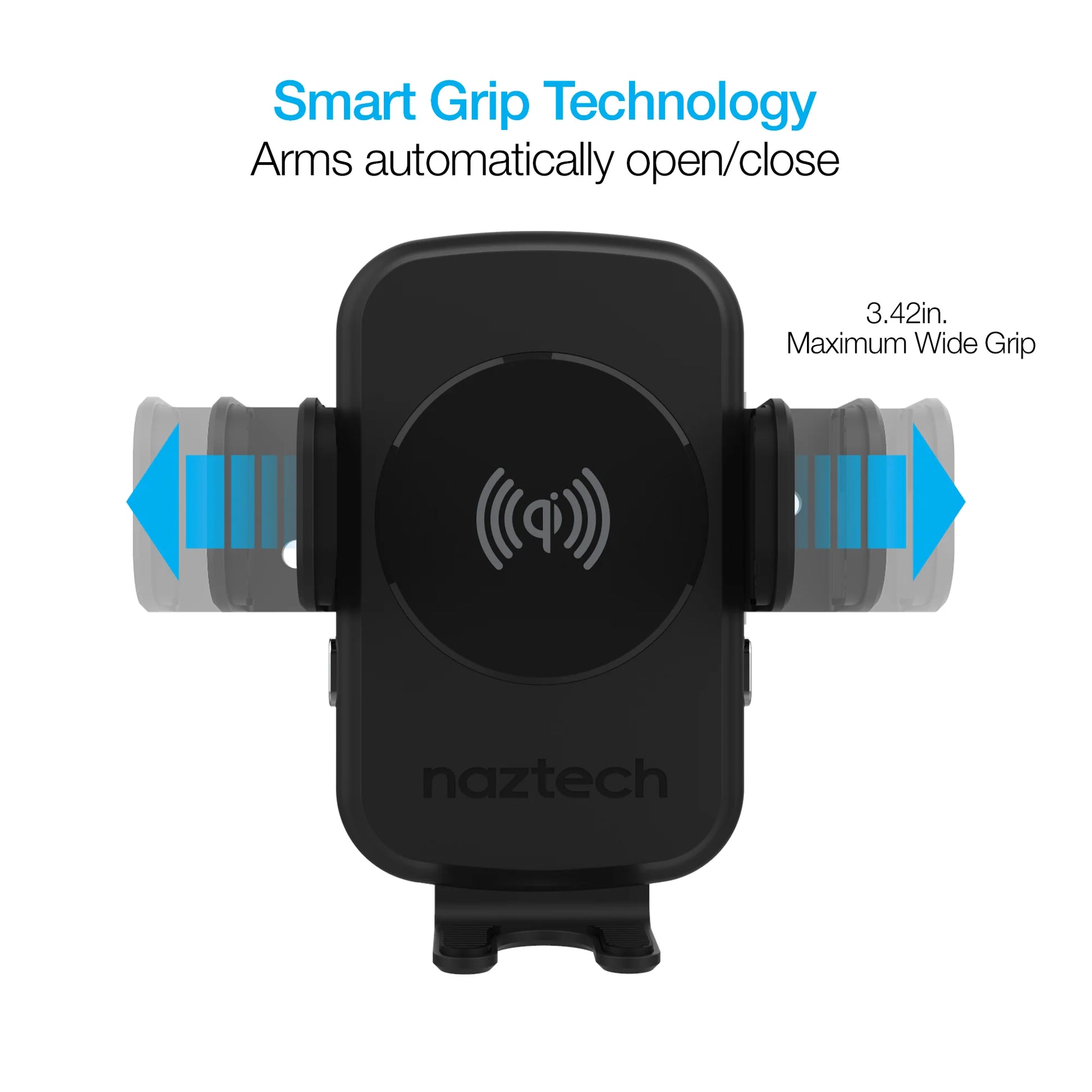 Naztech Smart Grip Wireless Charging Car Mount – Auto‑Clamp 15W Fast Charger & Phone Holder for Vent, Dash & Windshield