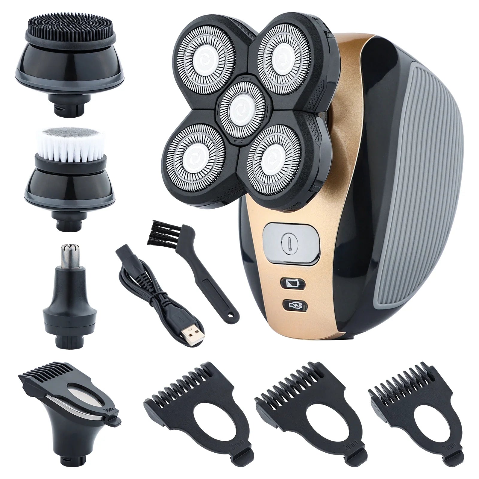 5‑in‑1 Rechargeable Rotary Electric Shaver & Grooming Kit – Bald Head, Beard, Nose & Facial Cleansing (IPX7 Waterproof) (US PLUG)