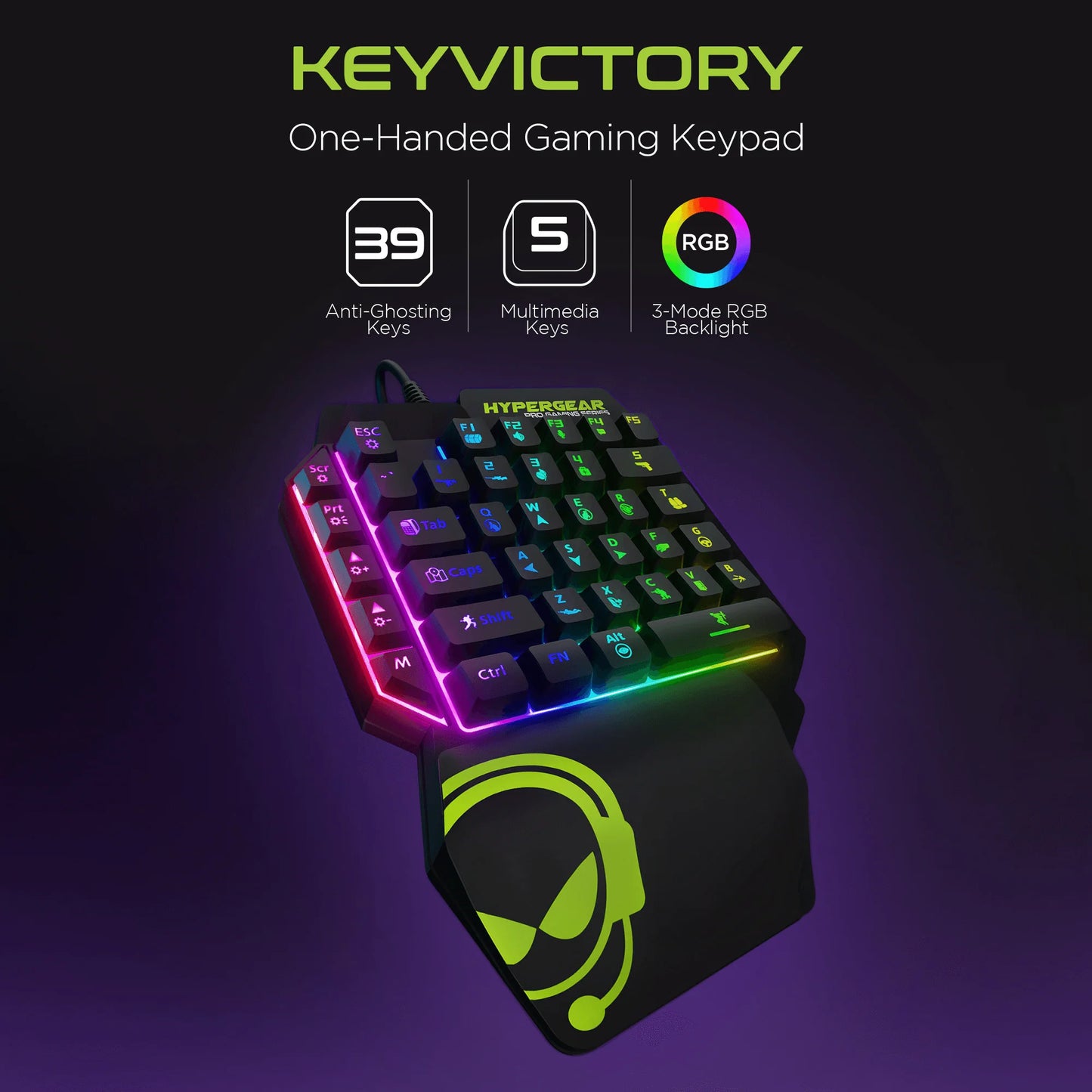 HyperGear KeyVictory One‑Handed Gaming Keypad – Ergonomic RGB Mechanical Keyboard with 35 Programmable Keys & Wrist Rest