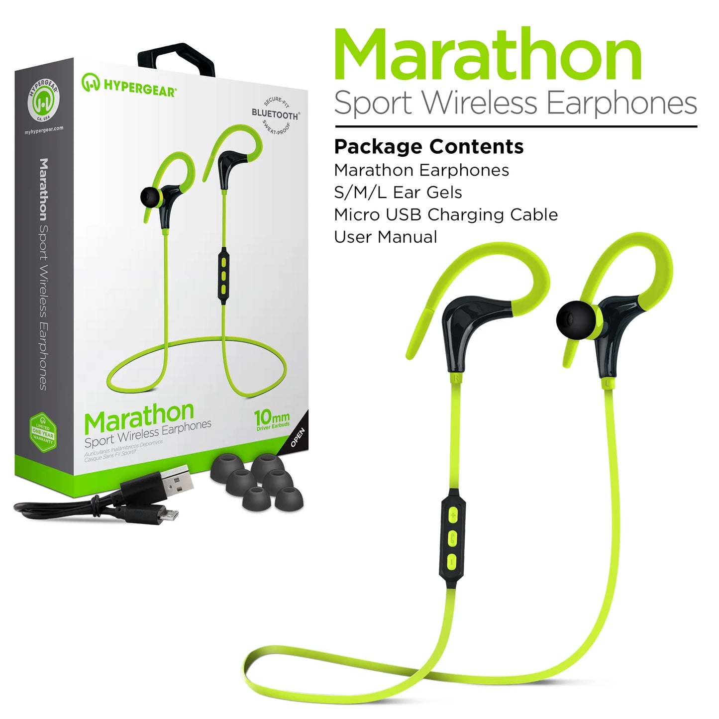 Hypergear Marathon Wireless Sports Earbuds – 5Hr Playtime & Tangle-Free Cable