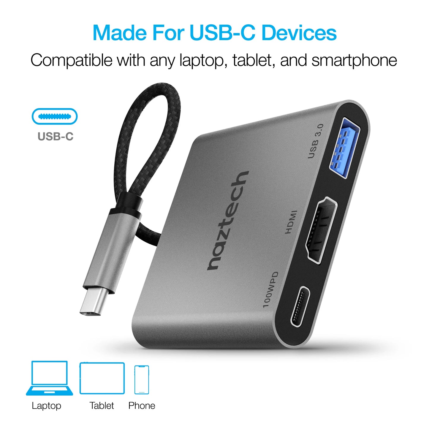 Naztech MaxDrive 3 USB-C Hub – 3-in-1 Adapter with 100W Power Delivery, 4K HDMI & 5Gbps USB 3.0