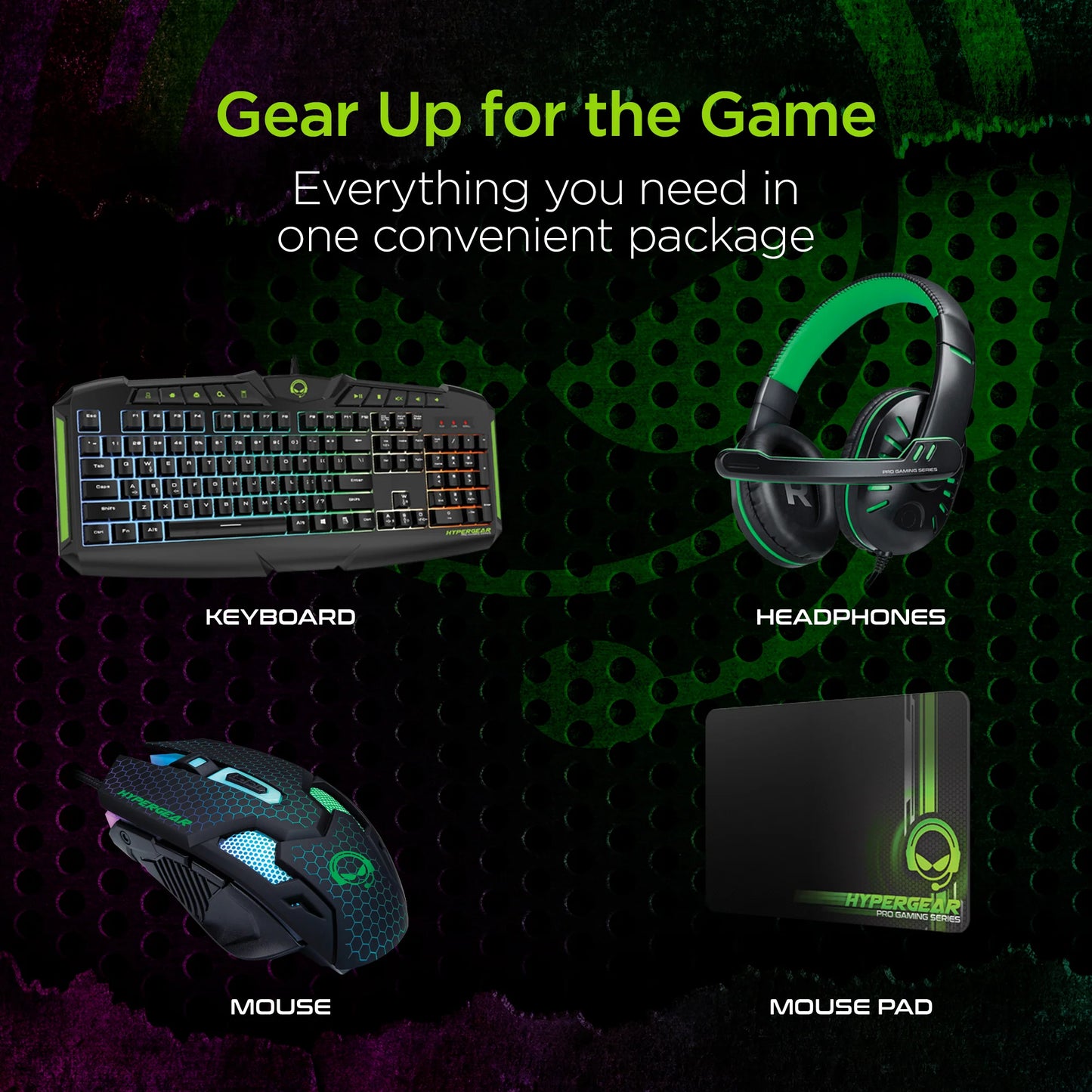 HyperGear 4-in-1 Gaming Kit – RGB Keyboard, Precision Mouse, Stereo Headset & Large Mouse Pad