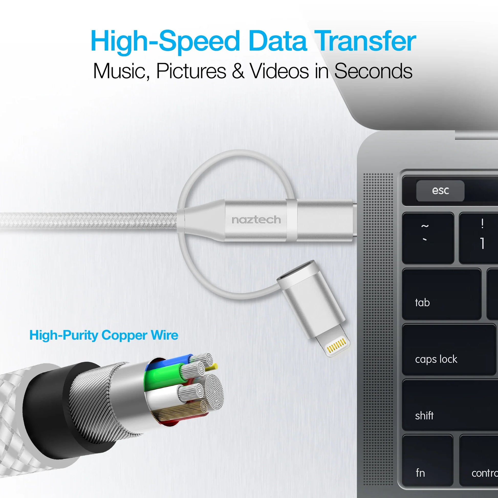 Naztech 3-in-1 Hybrid Charging Cable – 6ft USB-C, Lightning & Micro USB Braided Sync Cord