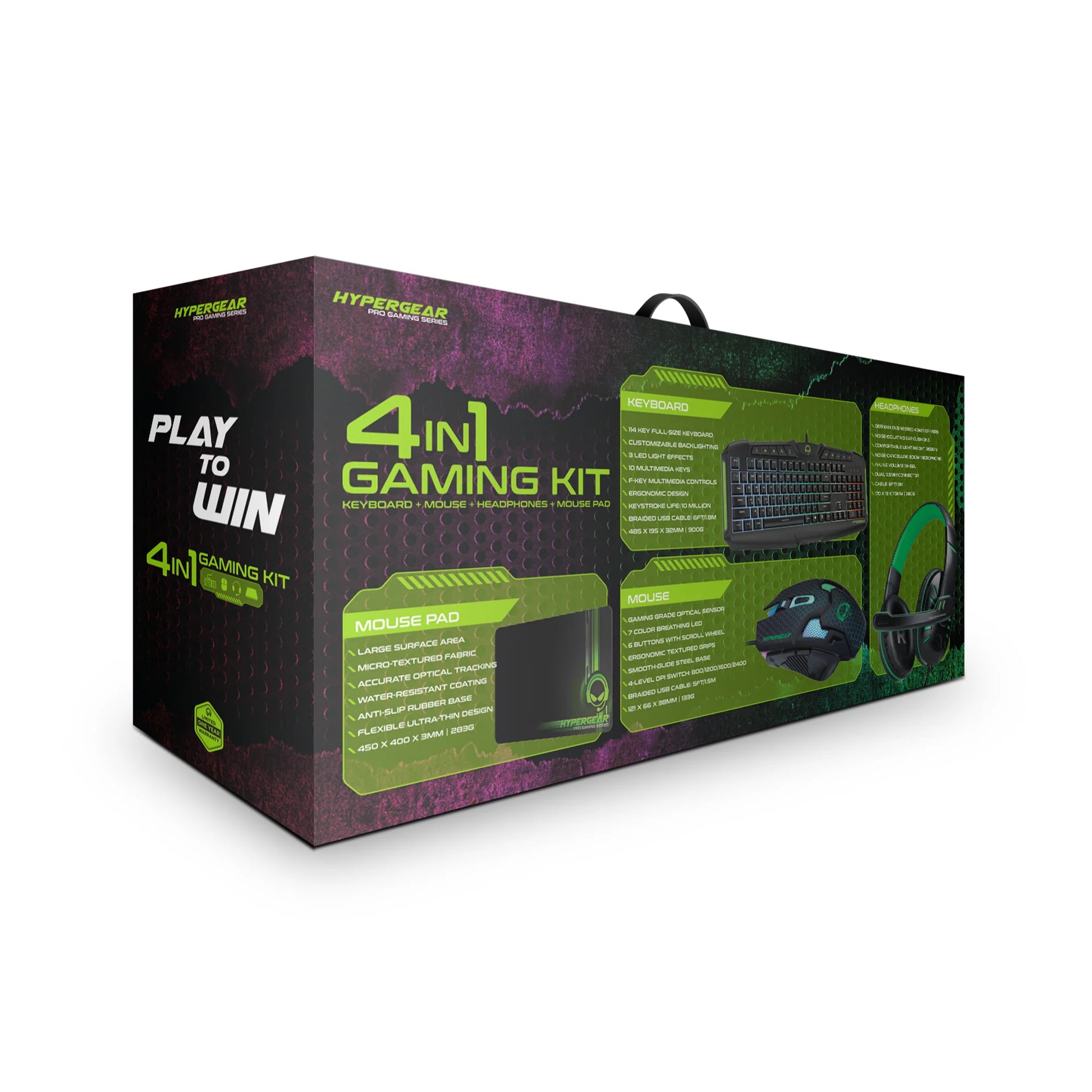 HyperGear 4-in-1 Gaming Kit – RGB Keyboard, Precision Mouse, Stereo Headset & Large Mouse Pad