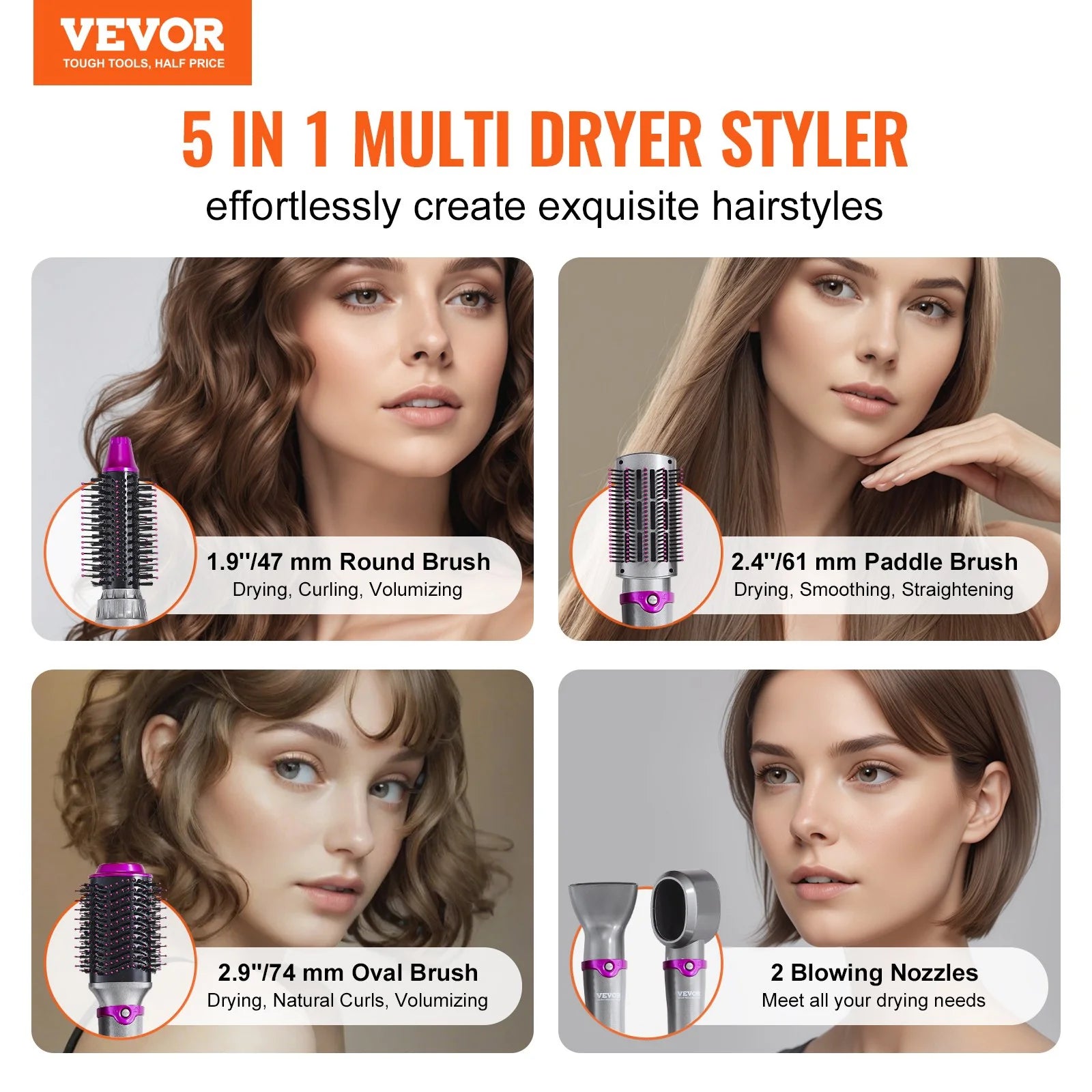 VEVOR 5-in-1 Hair Dryer Brush & Hot Air Styler – Negative Ion Blow Dryer with Curling, Straightening & Volumizing Attachments