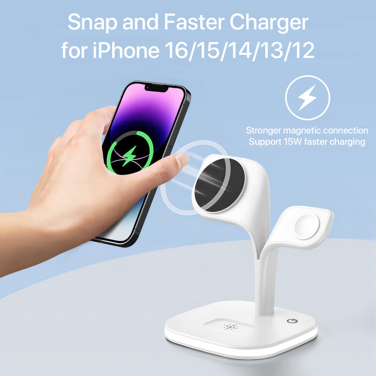 5-in-1 Magnetic Wireless Desktop Charging Station – MagSafe Stand with Night Light, USB-C & USB-A Ports for Multiple Devices