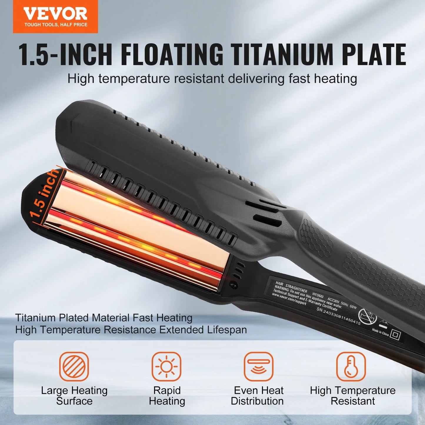 VEVOR Professional Hair Straightener – 1.5-Inch Titanium Flat Iron with Infrared Heat, Adjustable Temperature & LCD Display