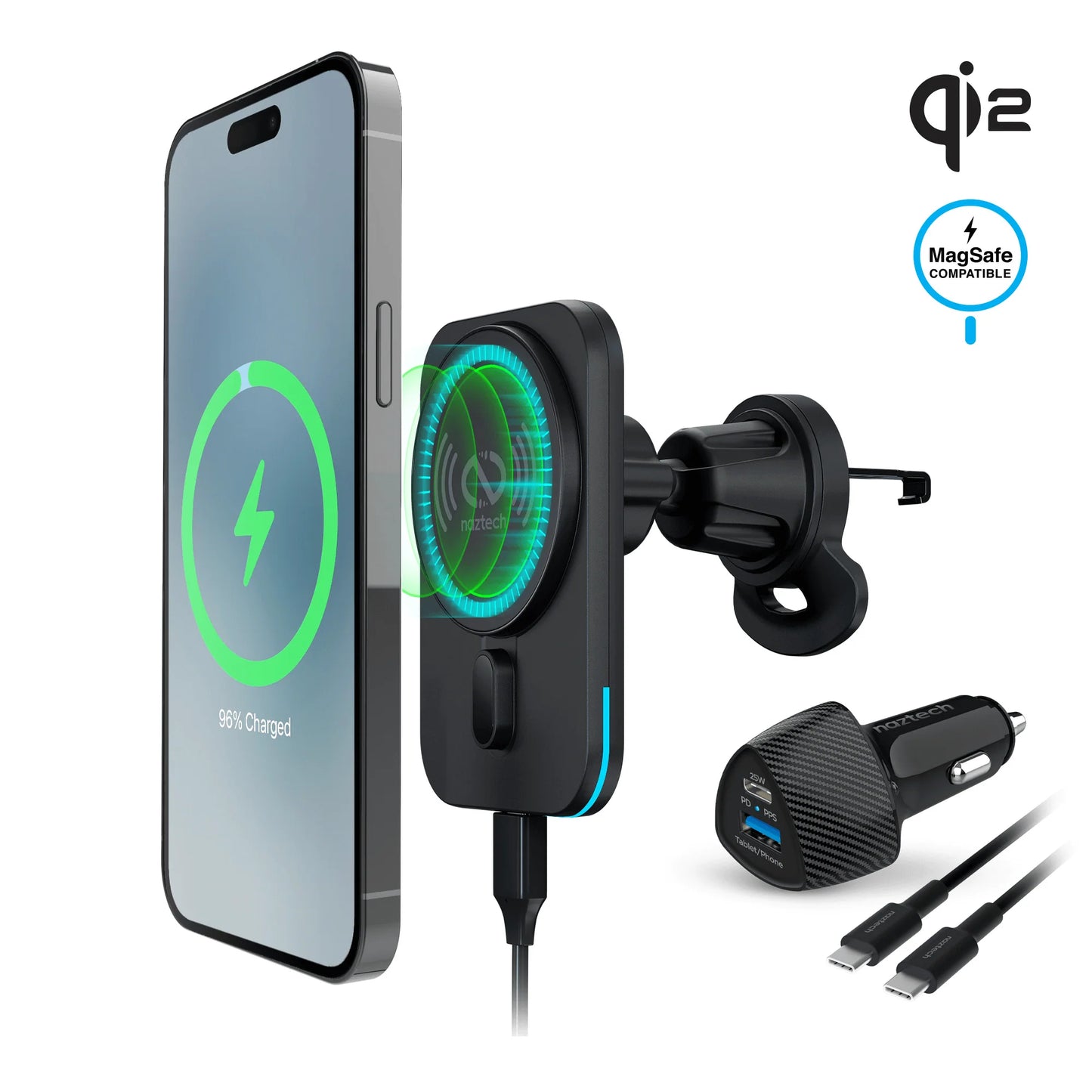 Naztech MagLock Magnetic Car Charger – Qi2 15W Fast Wireless Charging Vent Mount