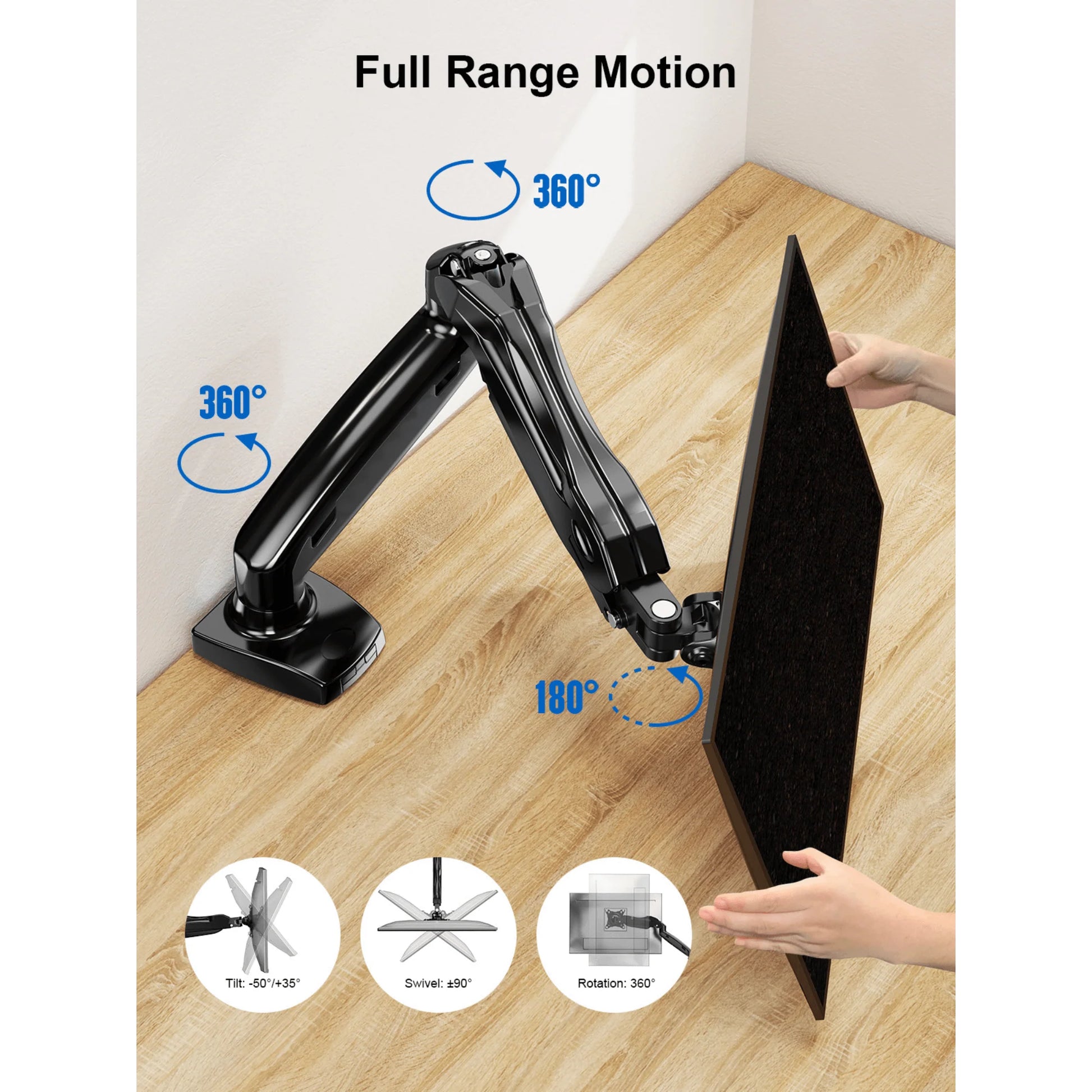Ergoav Gas Spring Desk Mount for Monitors 13″–27″ – Full Motion Arm with Tilt, Swivel & 360° Rotation, Cable Management & C‑Clamp/Grommet Base
