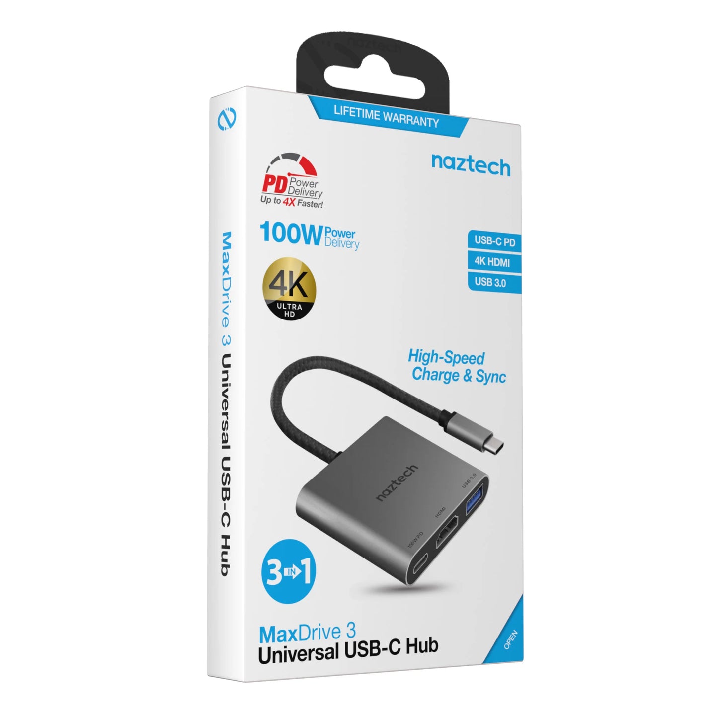 Naztech MaxDrive 3 USB-C Hub – 3-in-1 Adapter with 100W Power Delivery, 4K HDMI & 5Gbps USB 3.0