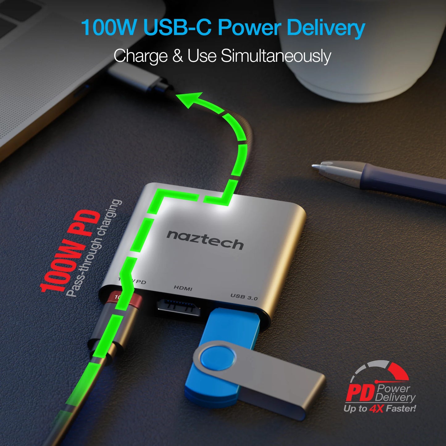 Naztech MaxDrive 3 USB-C Hub – 3-in-1 Adapter with 100W Power Delivery, 4K HDMI & 5Gbps USB 3.0