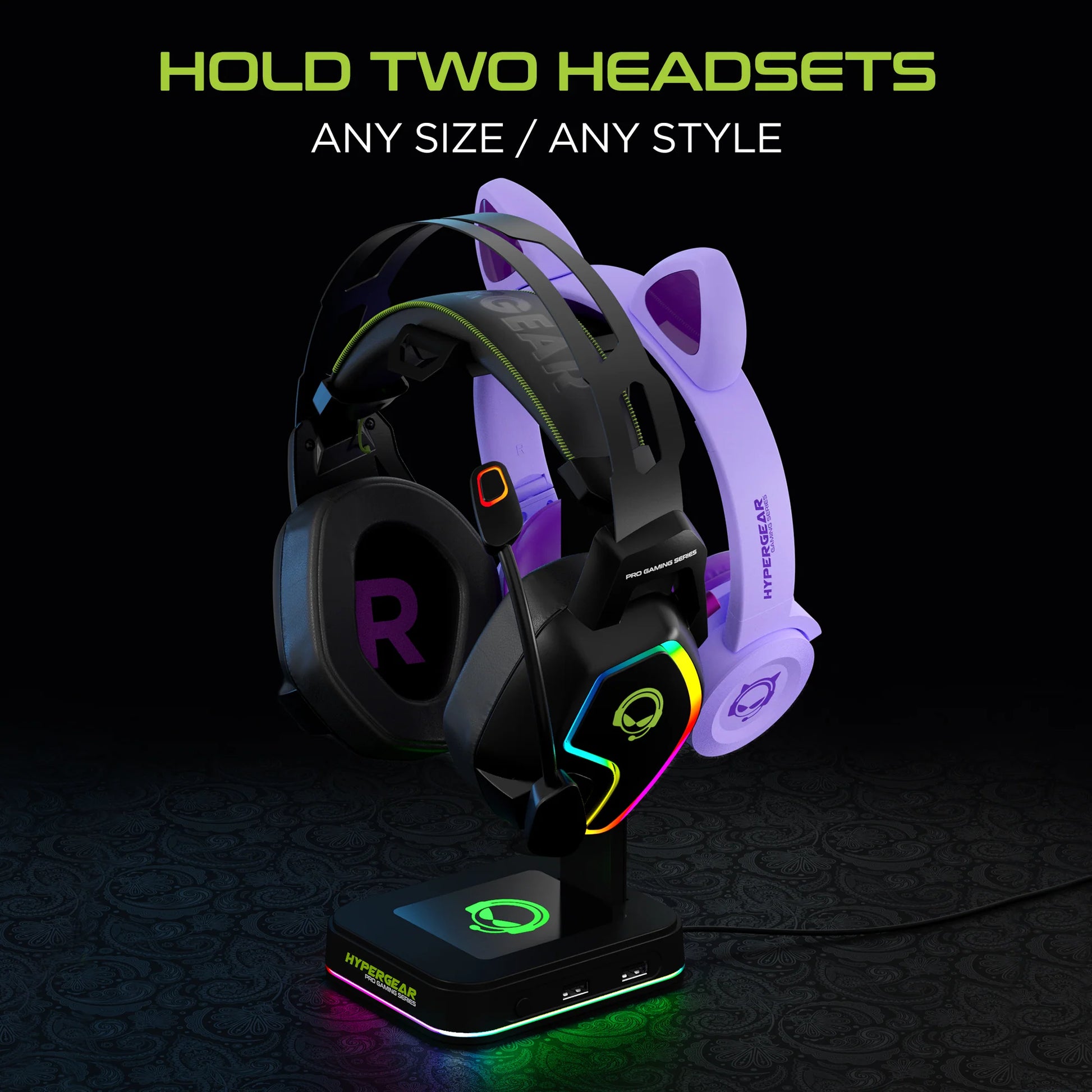 HyperGear RGB Command Station Headset Stand – Dual Headset Holder with USB Charging Ports & Dynamic RGB Lighting
