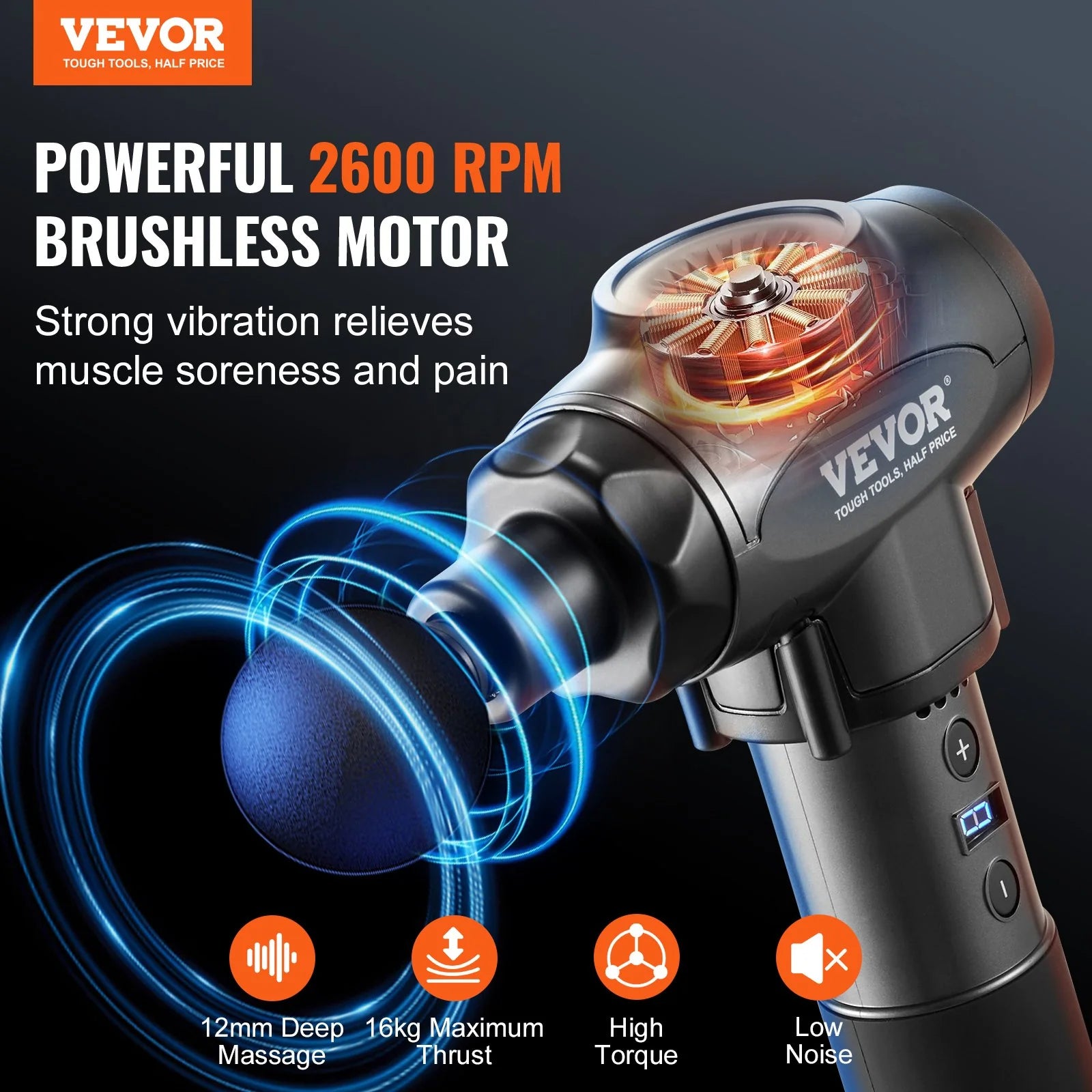 VEVOR Handheld Massage Gun – Deep Tissue Percussion Massager with 9 Speeds & 6 Heads