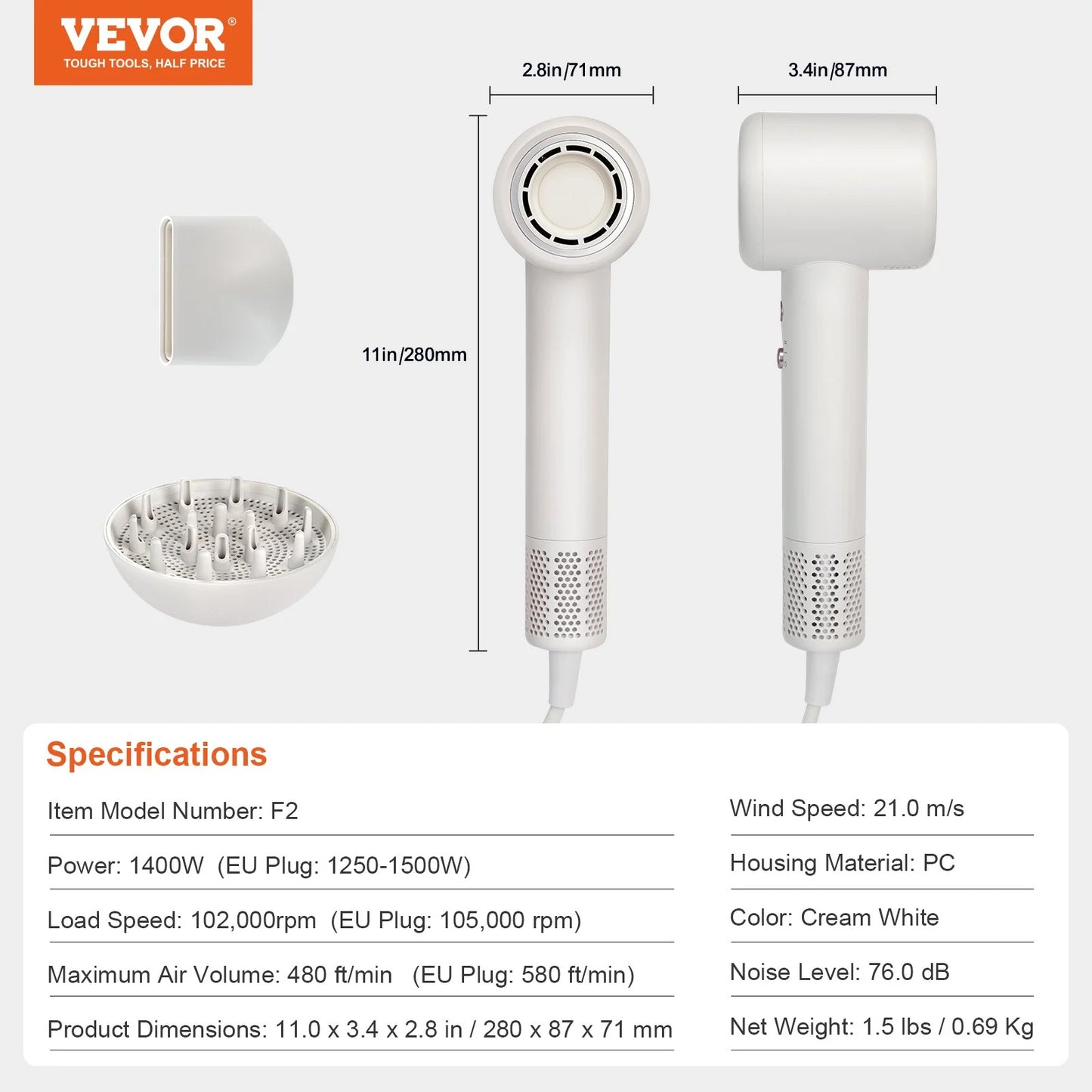 VEVOR High-Speed Ionic Hair Dryer – 102,000 RPM Brushless Motor with 200 Million Negative Ions & 3 Heat/Speed Settings